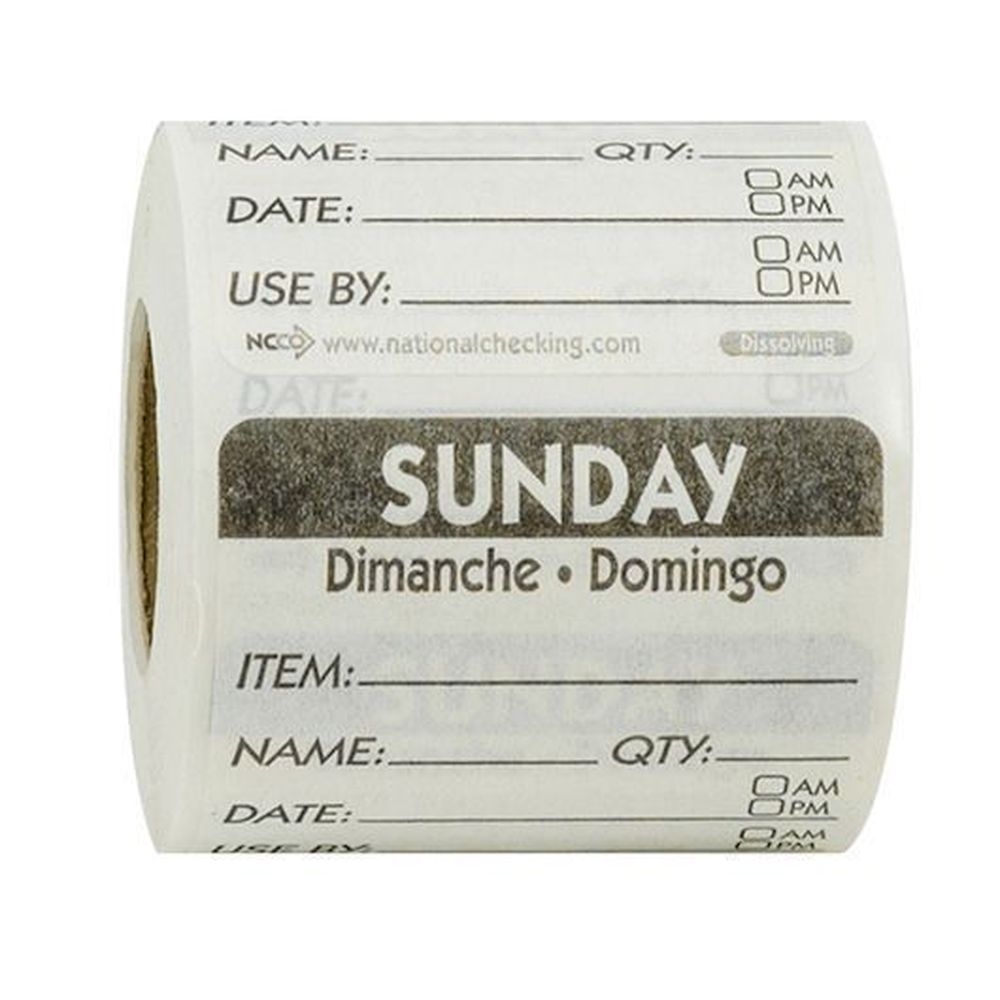 Ncco Sunday 2 x 2 inch Item-Date-Use By Trilingual Dissolvable Label, 250 count