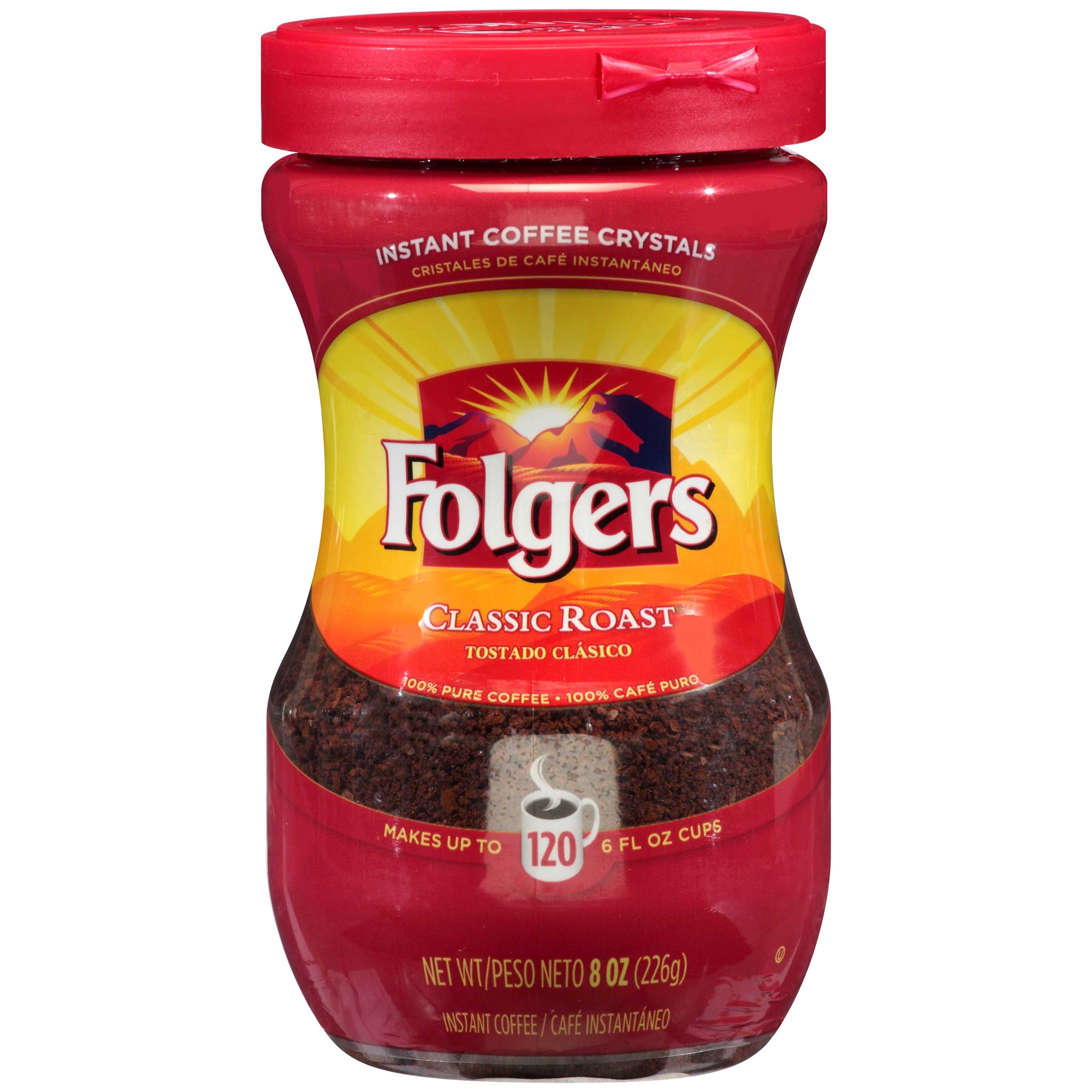 Folgers Classic Roast Caffeinated Instant Coffee Crystals, 8 Ounce -- 6 per case