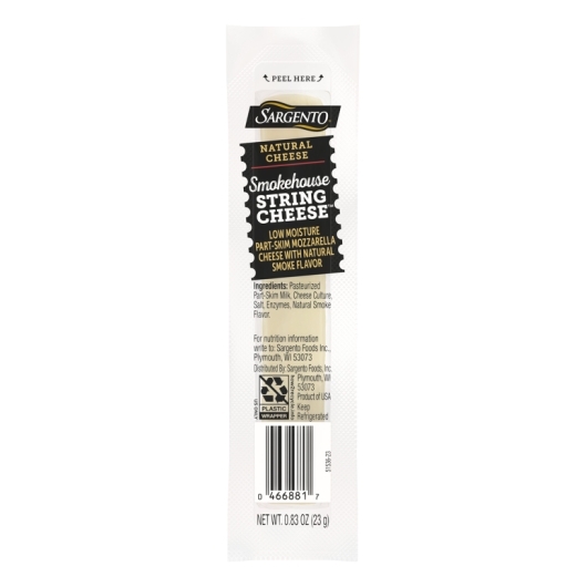 Sargento Smokehouse String Cheese Low Moisture Part Skim Mozzarella Cheese, 0.833 Ounce -- 96 per case