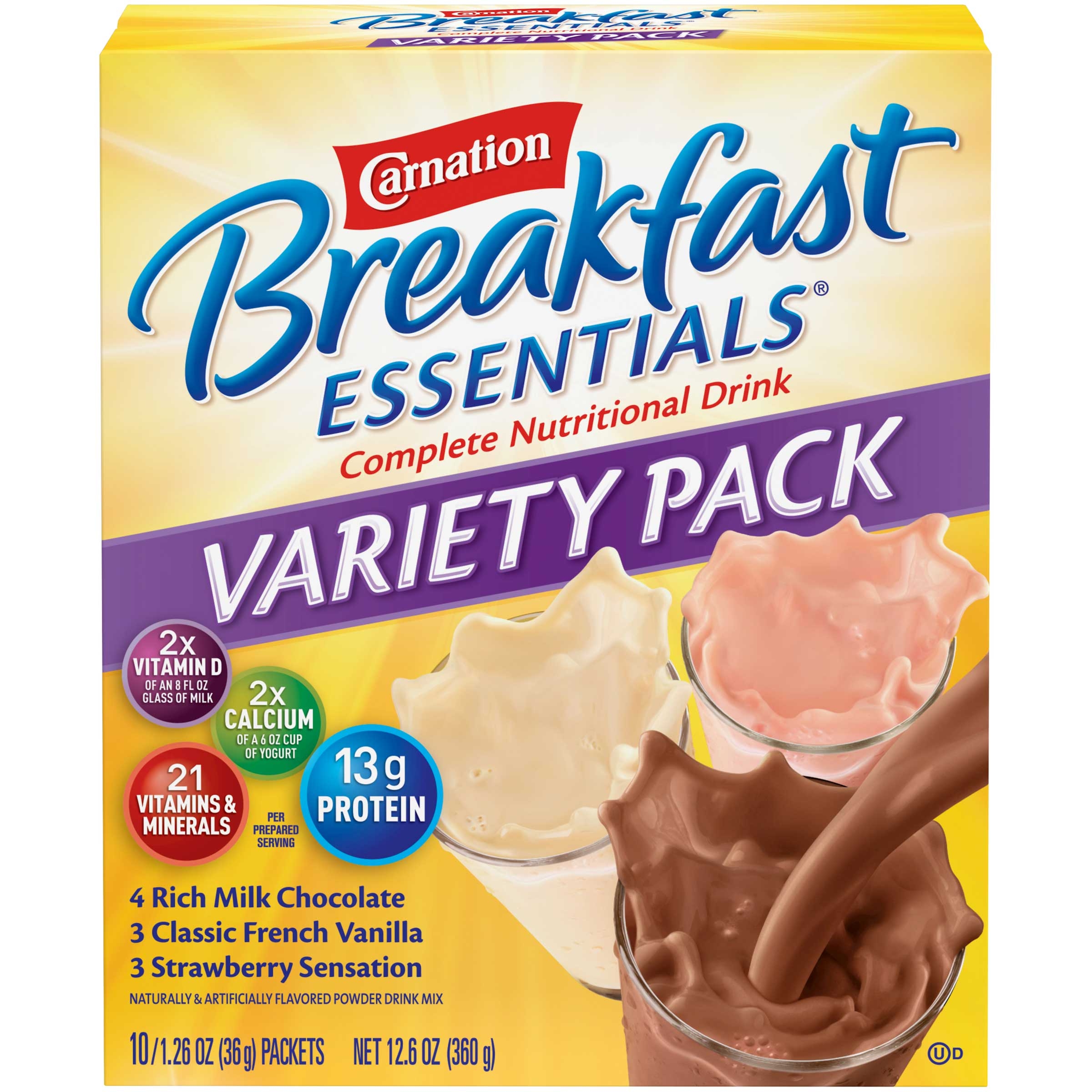 Nestle Carnation Breakfast Essentials Powder - Variety Pack, 1.26 Ounce -- 60 per case.