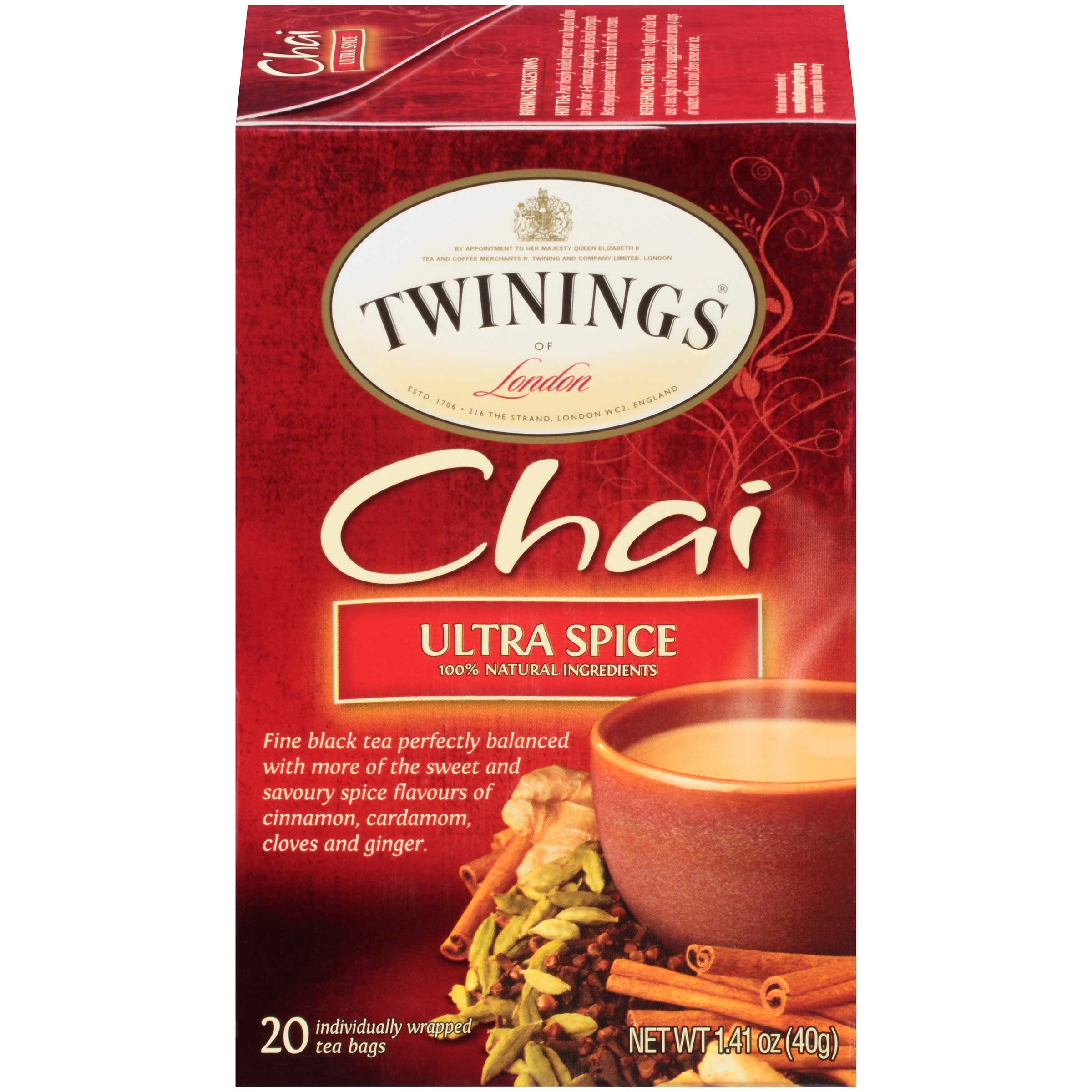Twinings Chai Ultra Spice Tea Bag, 1.41 Ounce - 20 bags per pack -- 6 packs per case.