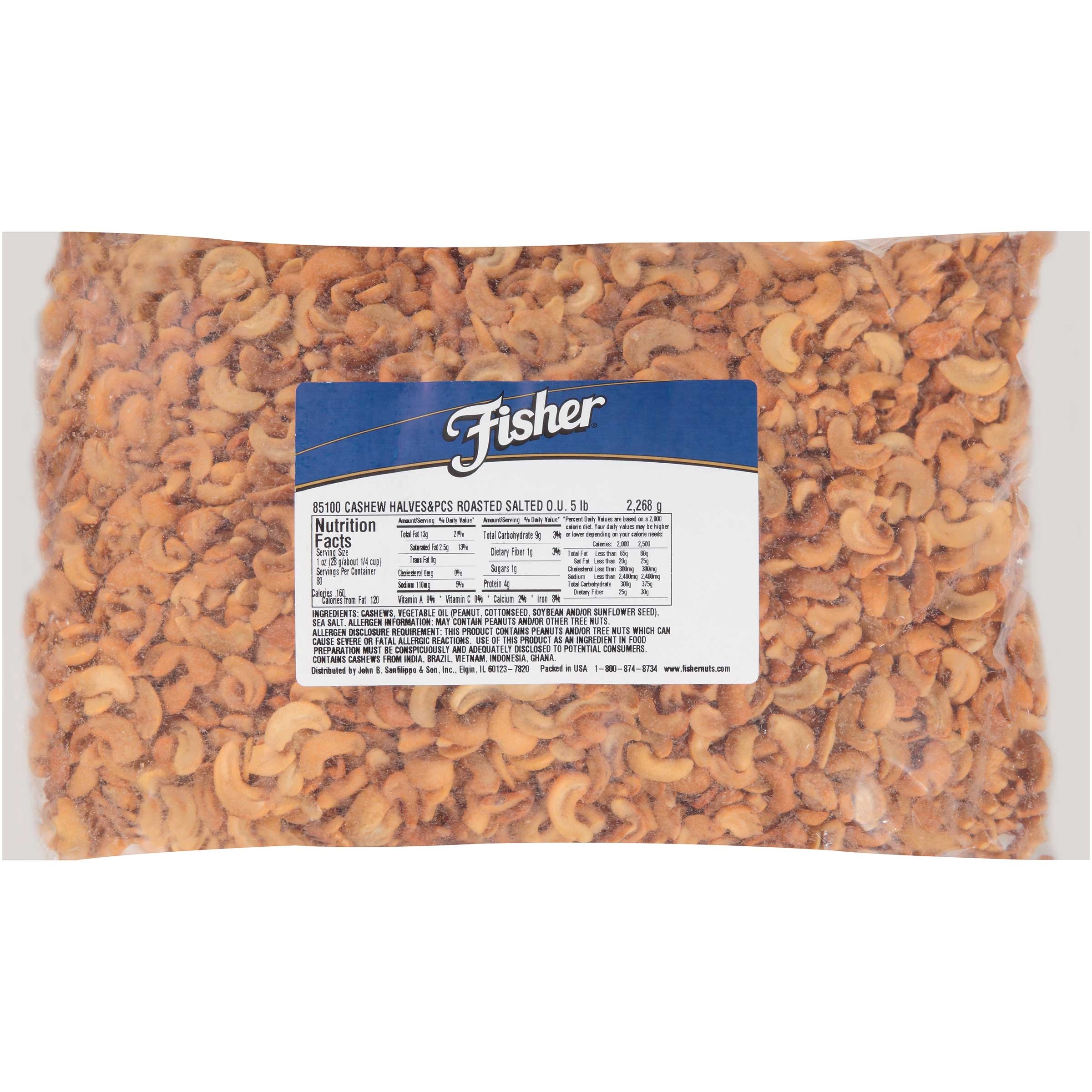 Fisher Halve and Piece Cashew, 5 Pound.