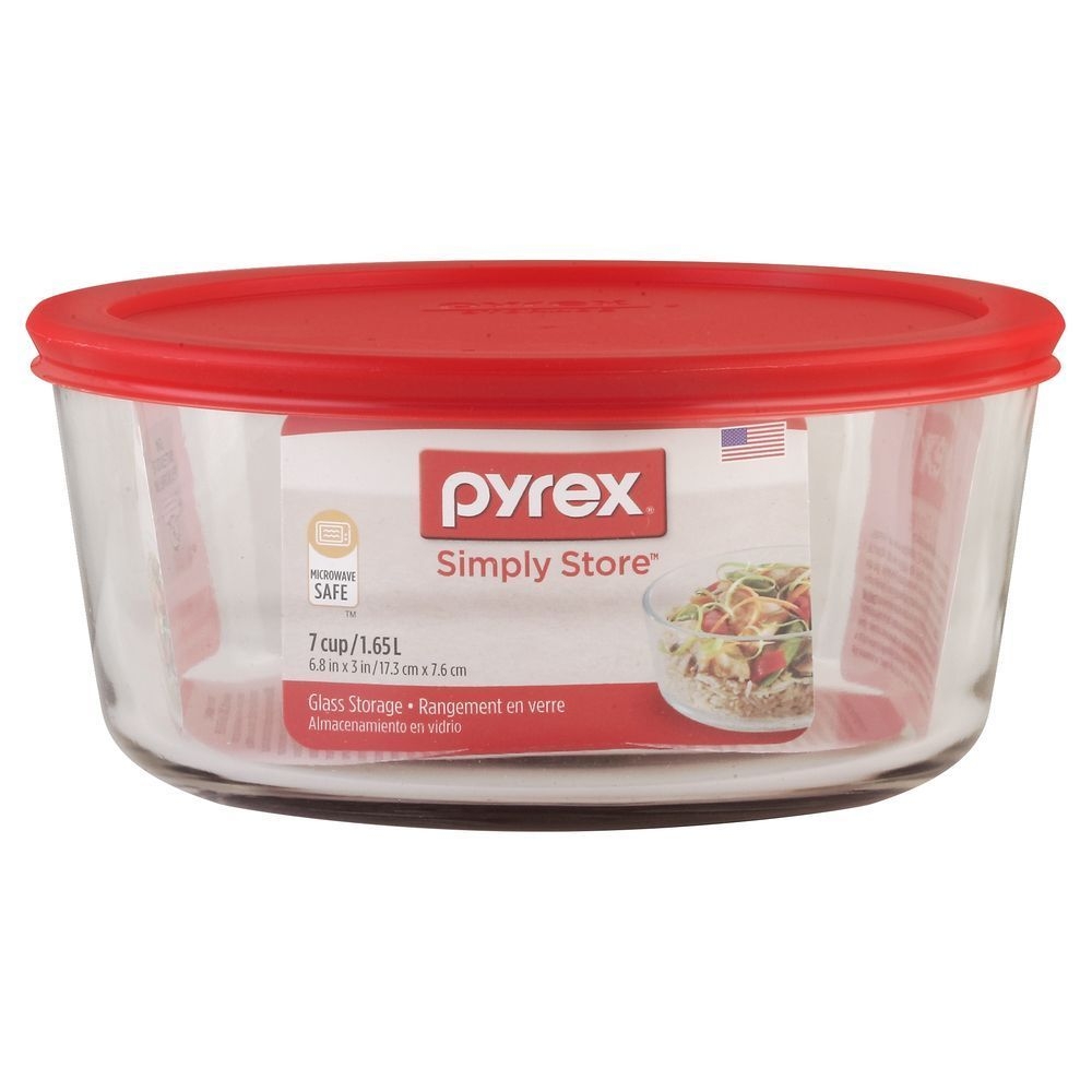Pyrex Red Glass Round 7 Cup Food Storage Container with Plastic Lid, 7.5 x 3.25 inch -- 4 per case