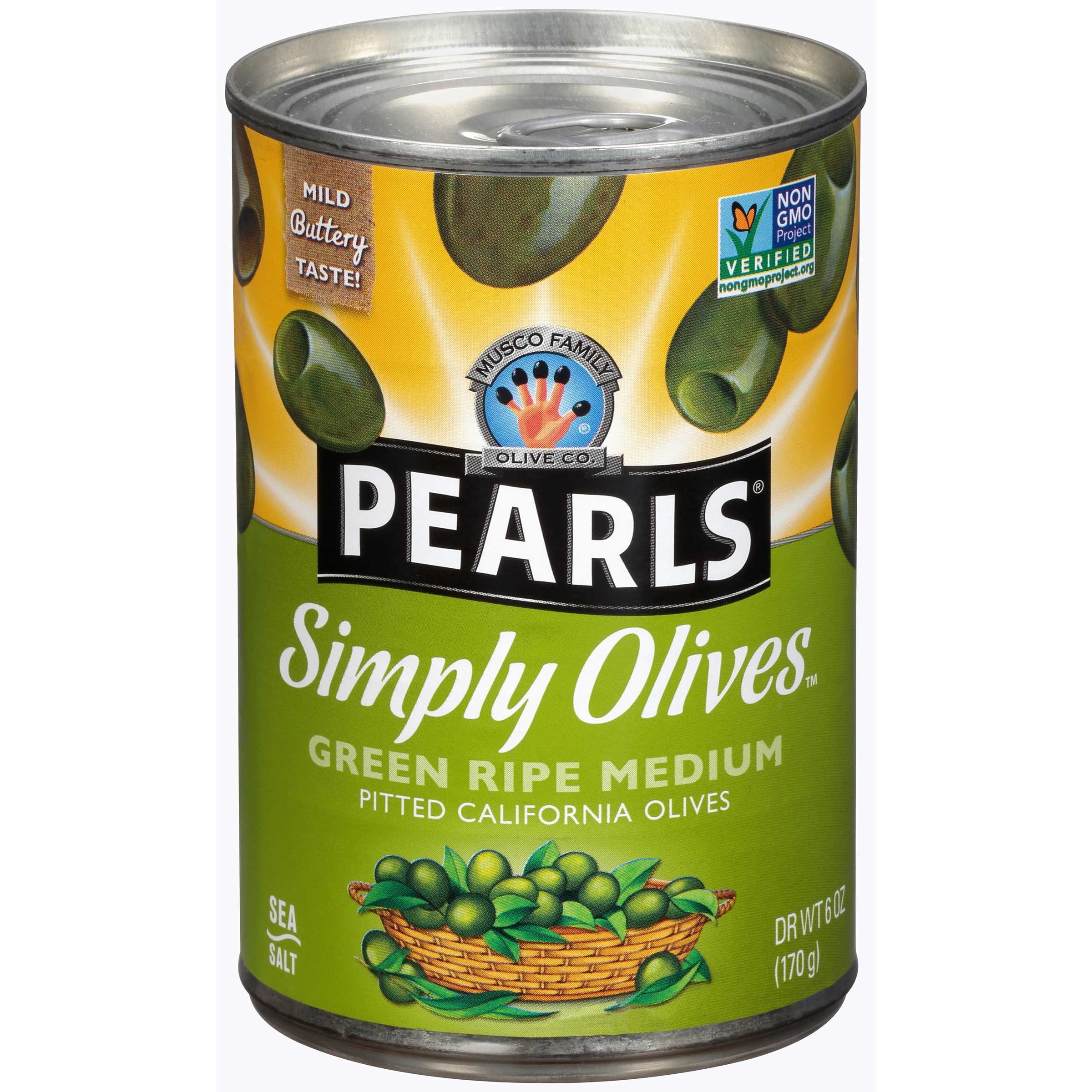 Pearls Simply Olives Green Ripe Medium Pitted Olives, 6 Ounce -- 12 per case.