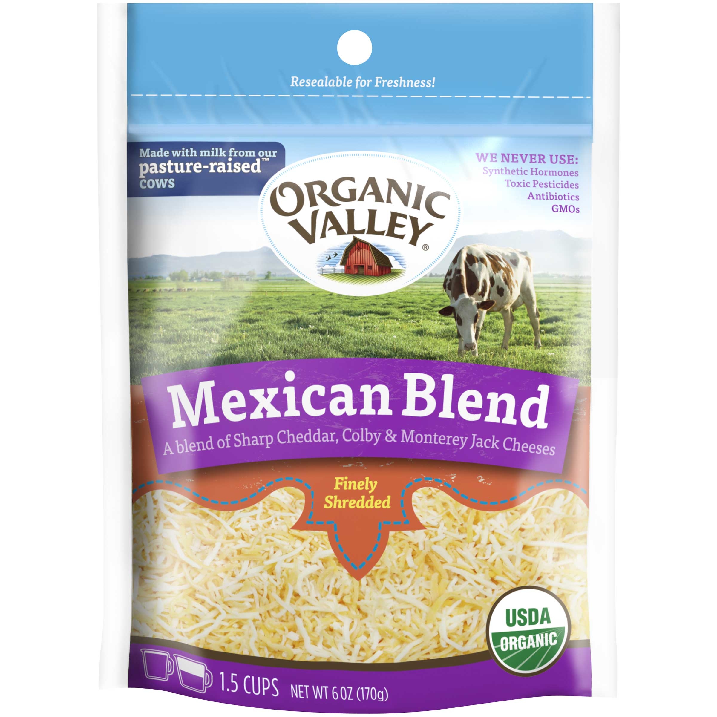 Organic Valley Finely Shredded 3 Cheese Mexican Blend, 6 Ounce -- 12 per case
