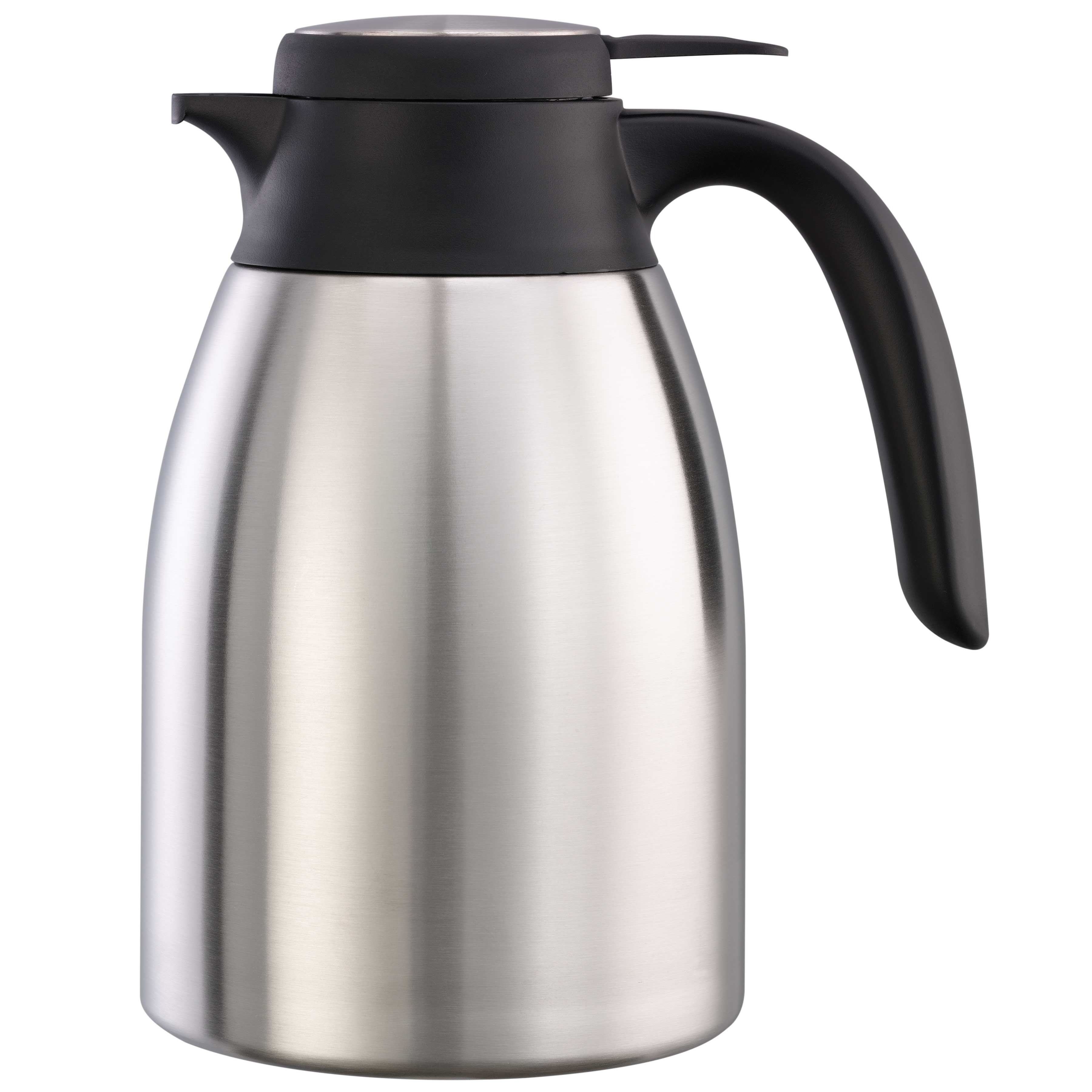Service Ideas Flow Control Brushed Stainless and Black Vacuum Insulated Carafe, 1.2 Liter Capacity