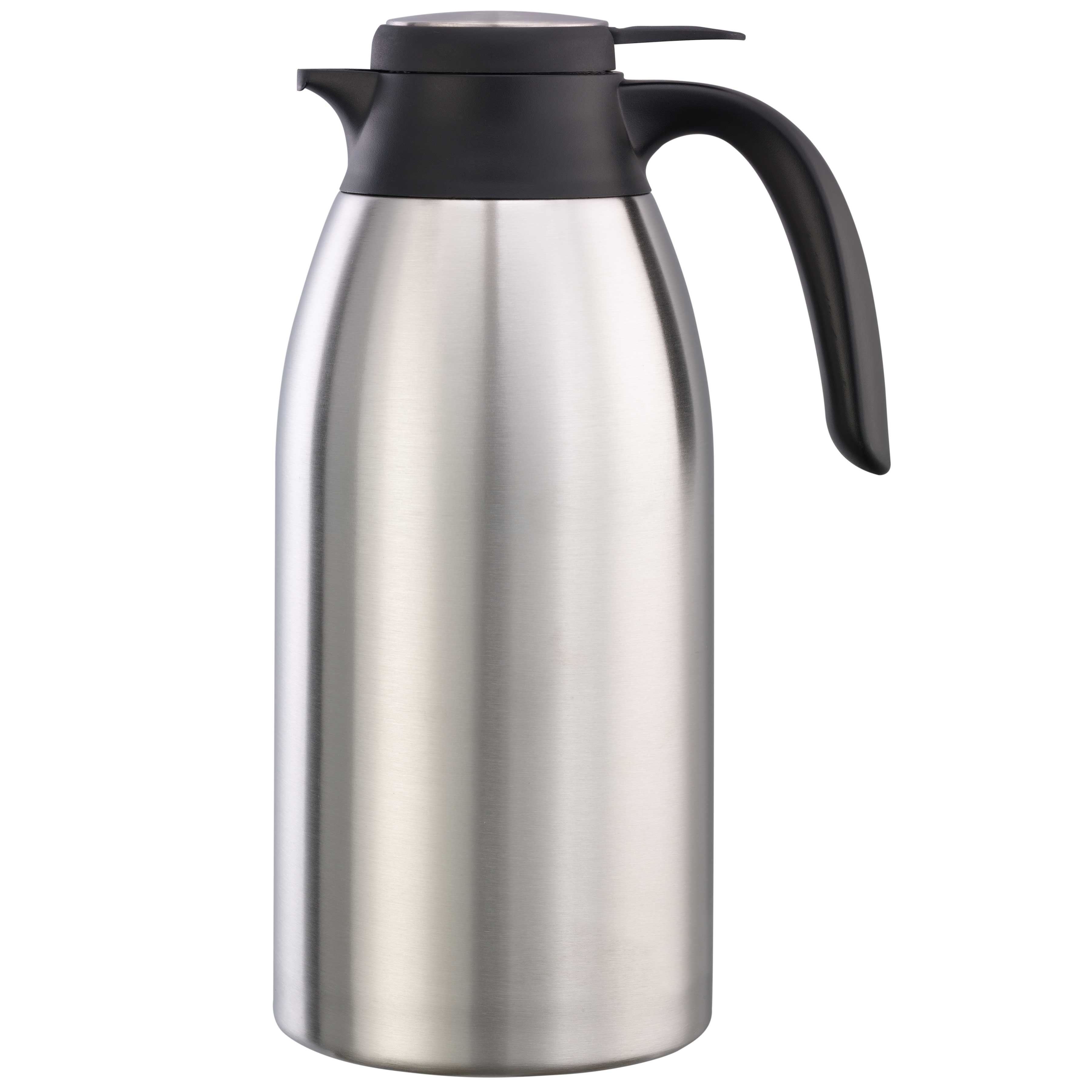 Service Ideas Flow Control Brushed Stainless and Black Vacuum Insulated Carafe, 2 Liter Capacity