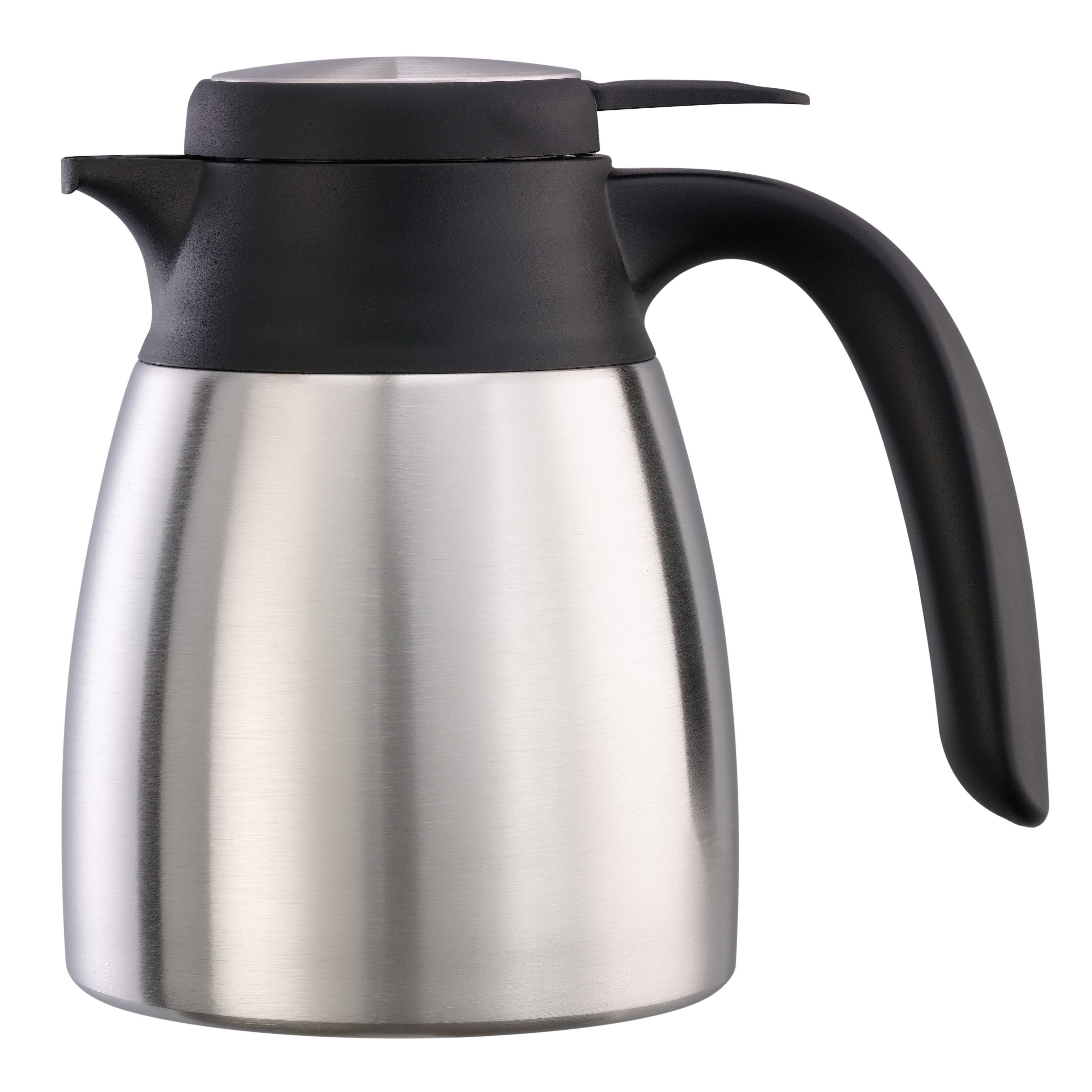 Service Ideas Flow Control Brushed Stainless and Black Vacuum Insulated Carafe, 0.6 Liter Capacity