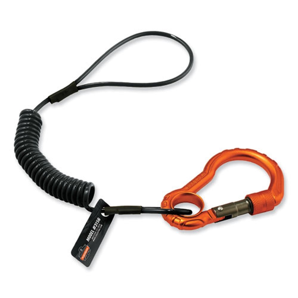 ergodyne Squids 3156 Black and Orange 12 to 48 inch Coiled Tool Lanyard with Carabiner, 2 Pound Max Work Capacity