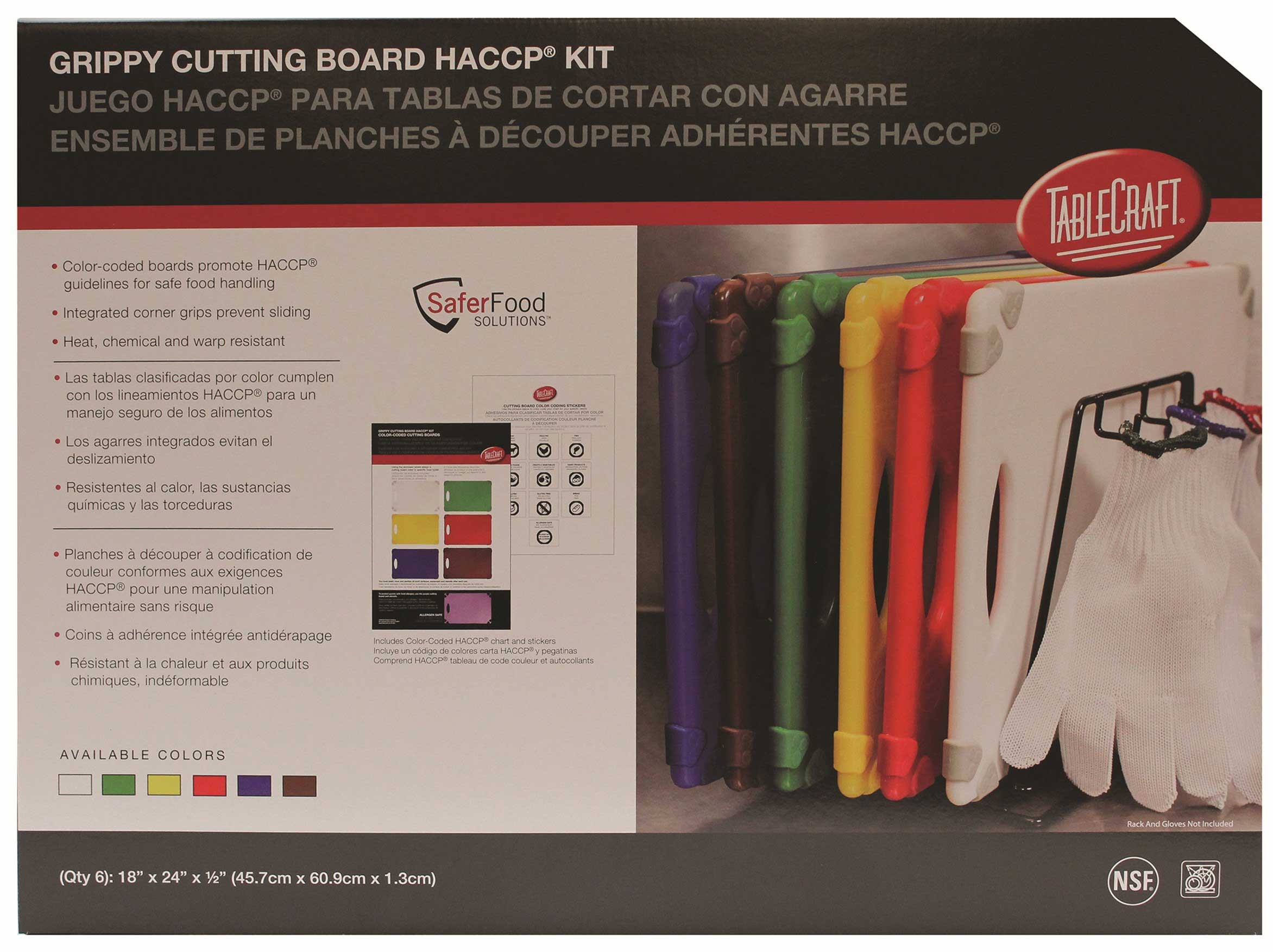 Tablecraft HACCP White Green Yellow Red Blue and Brown Grippy Cutting Board Kit, 18 x 24 inch -- 1 kit