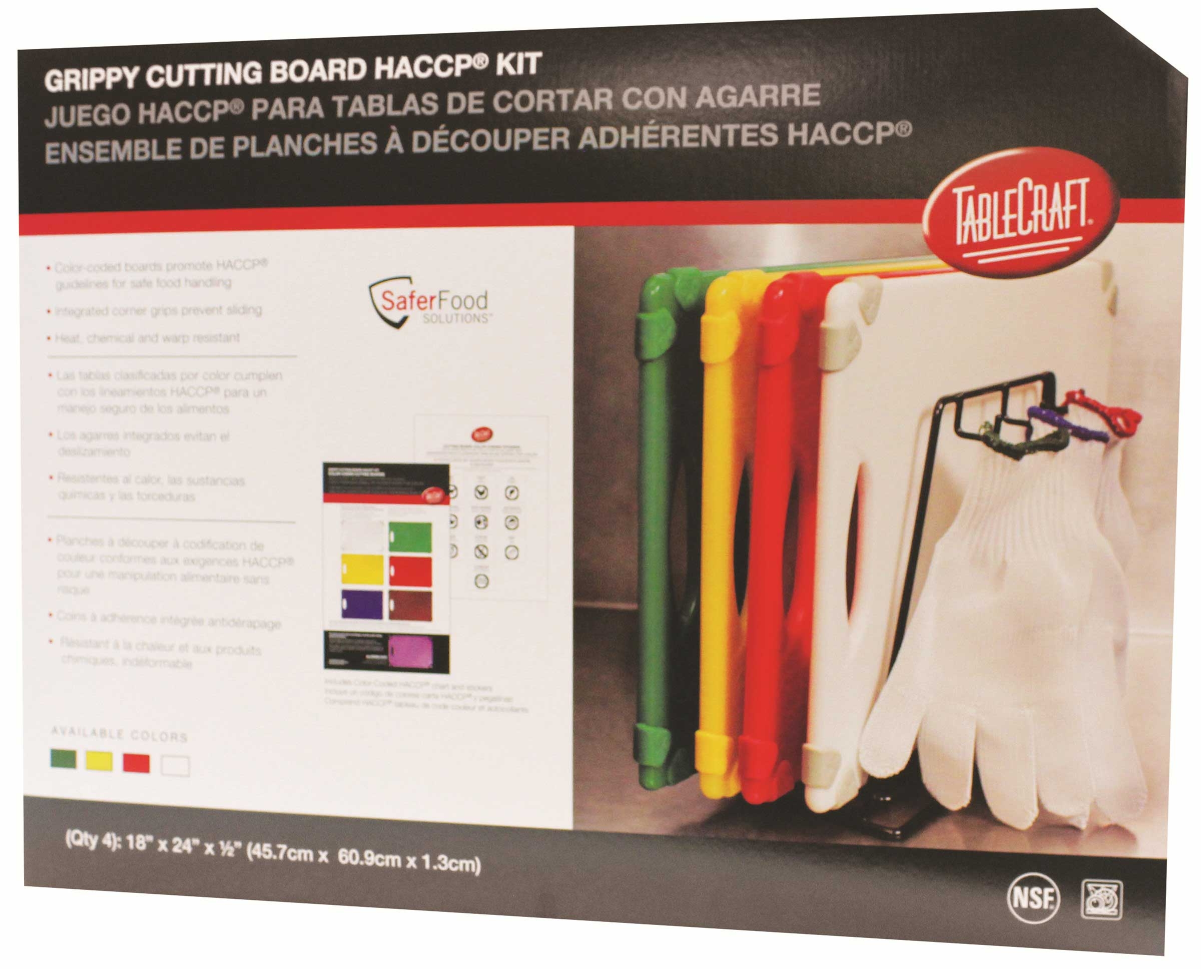 Tablecraft HACCP White Green Yellow and Red Grippy Cutting Board Kit, 18 x 24 inch