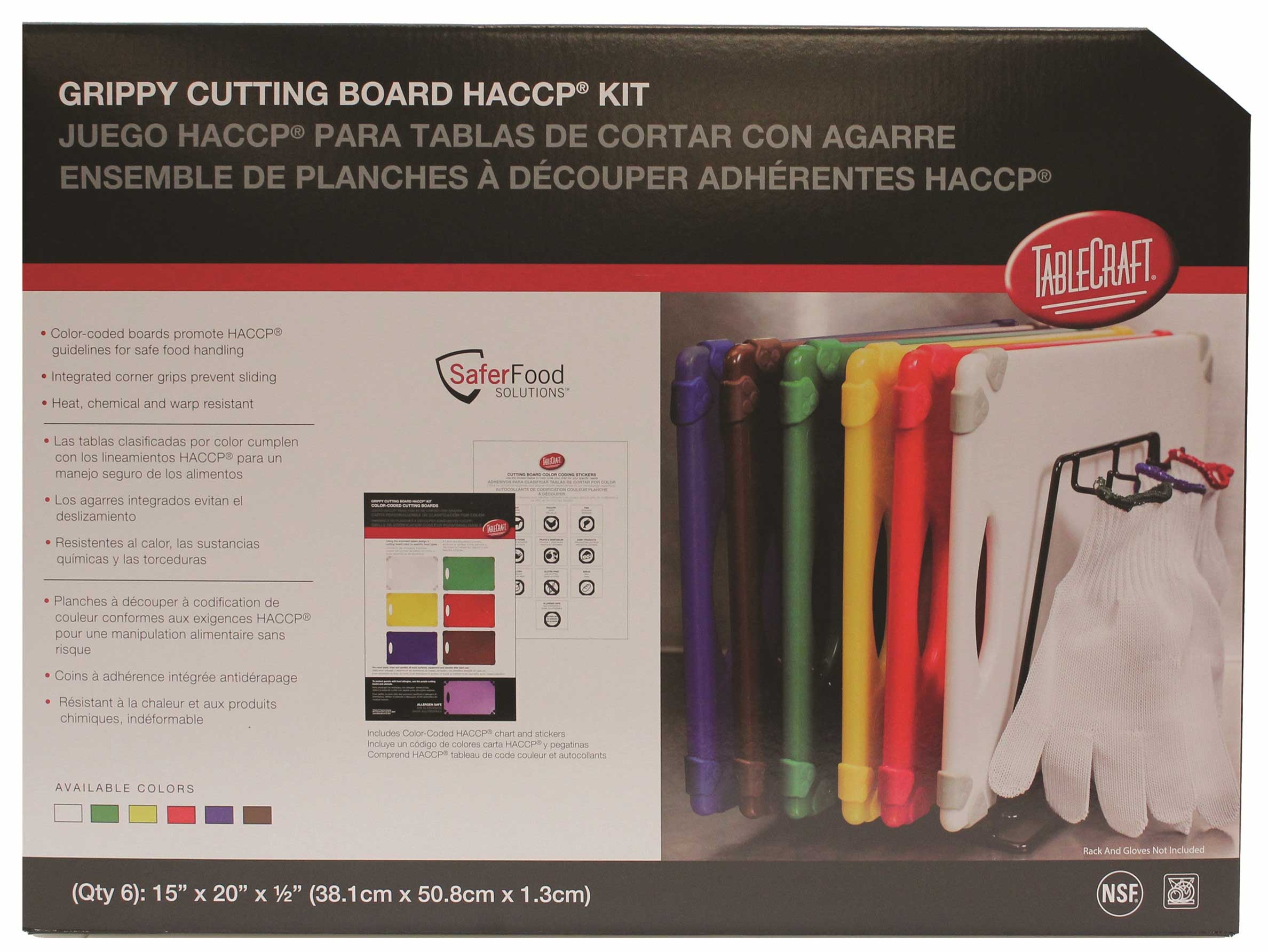 Tablecraft HACCP White Green Yellow Red Blue and Brown Grippy Cutting Board Kit, 15 x 20 inch -- 1 kit