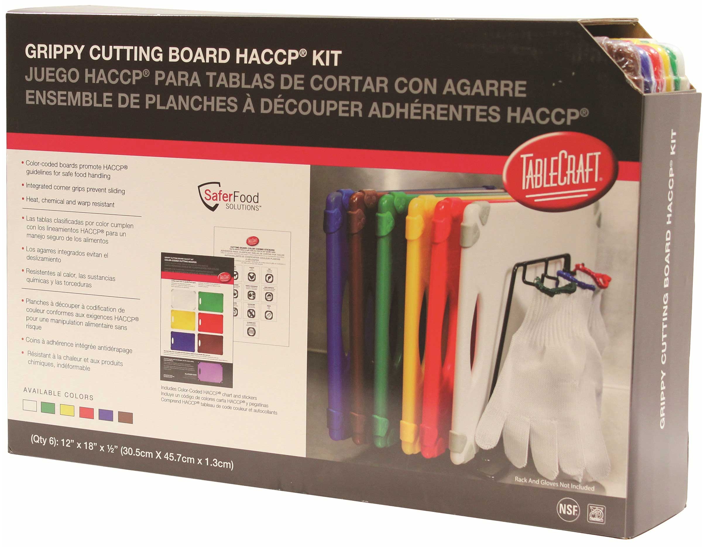 Tablecraft HACCP White Green Yellow Red Blue and Brown Grippy Cutting Board Kit, 12 x 18 inch