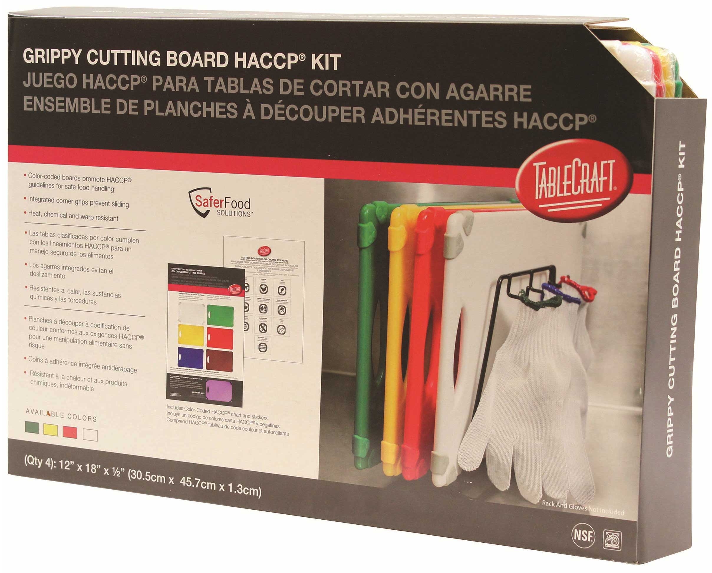 Tablecraft HACCP White Green Yellow and Red Grippy Cutting Board Kit, 12 x 18 inch -- 4 per case