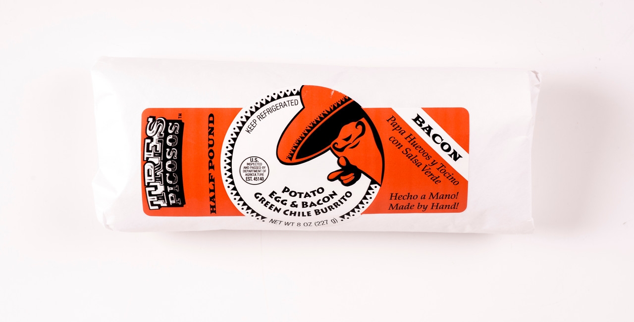 Tres Picosos Potato Bacon and Egg Green Chile Burrito -- 12 per case.