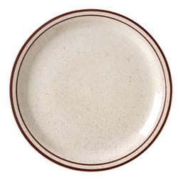 Vertex China Caravan Brown Speckled Double Band Undecorated American White Narrow Rim Plate, 10 1/2 inch -- 12 per case.