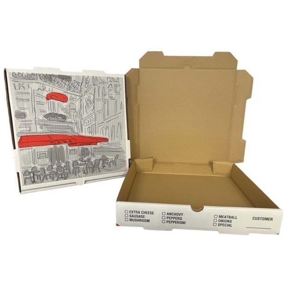 Nemco White / Kraft B Flute White Print Pizza Cafe Box, 18 x 18 x 2 inch -- 50 per case