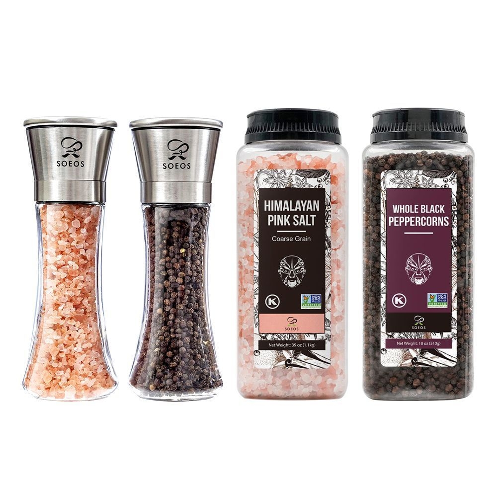Soeos 18 Ounce Whole Black Peppercorns Plus 38 Ounce Himalayan Pink Salt with Two Grinders -- 6 per case