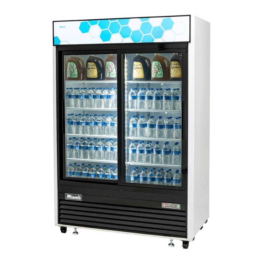 Migali Powder Coated Steel 2 Sliding Glass Door Merchandiser Refrigerator with 4 Adjustable Shelves, 54.4 inch Width x 31.5 inch Depth x 81 inch Height