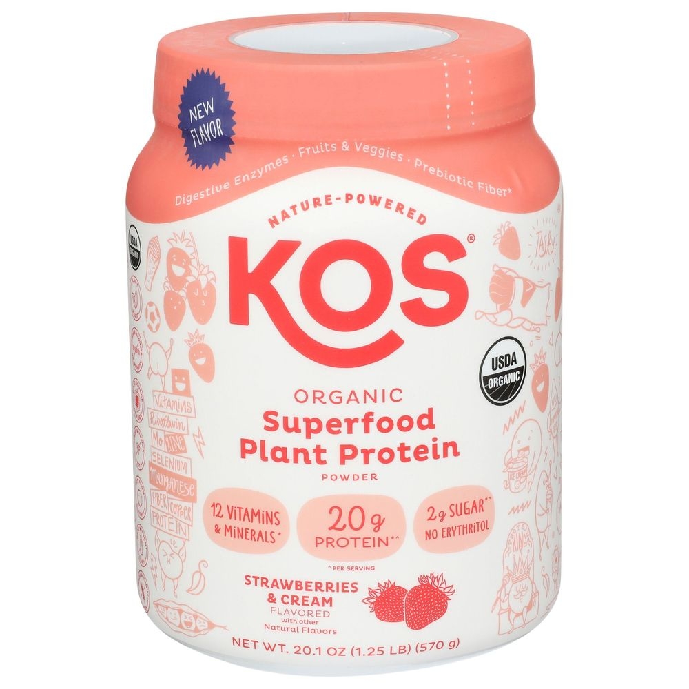 Kos Organic Strawberries and Cream Protein Powder Mix, 20.1 Ounce