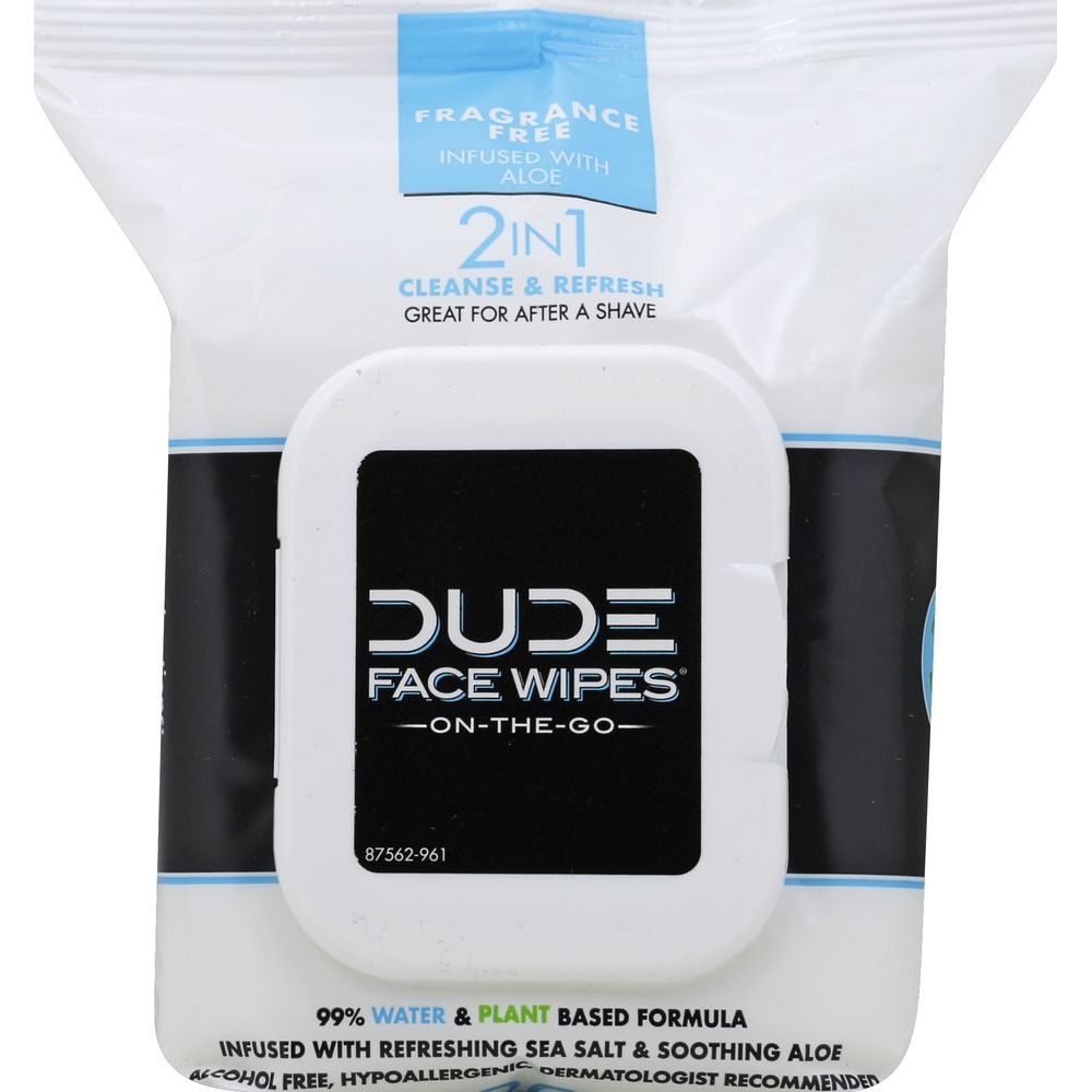 Dude Fragrance Free Aloe Face Wipes, 30 count