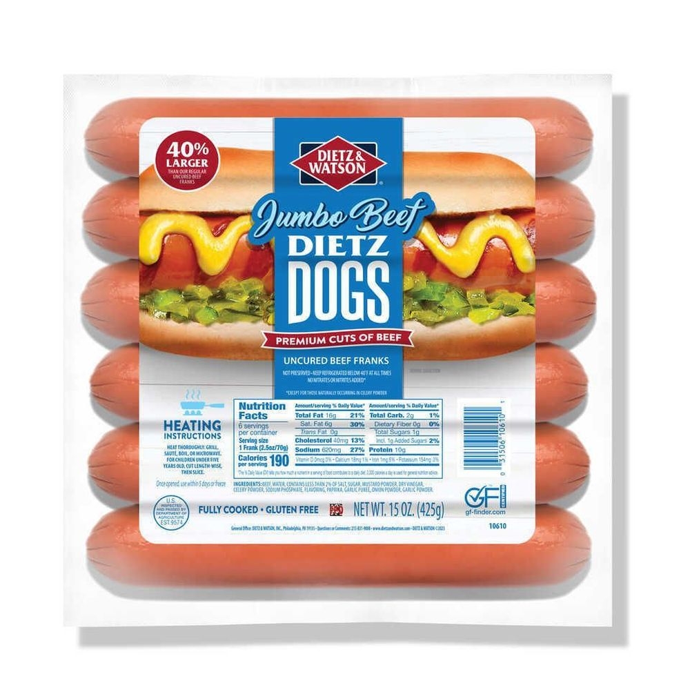 Dietz and Watson Dietz Dogs Uncured Beef Franks Jumbo, 15 Ounce -- 12 per case