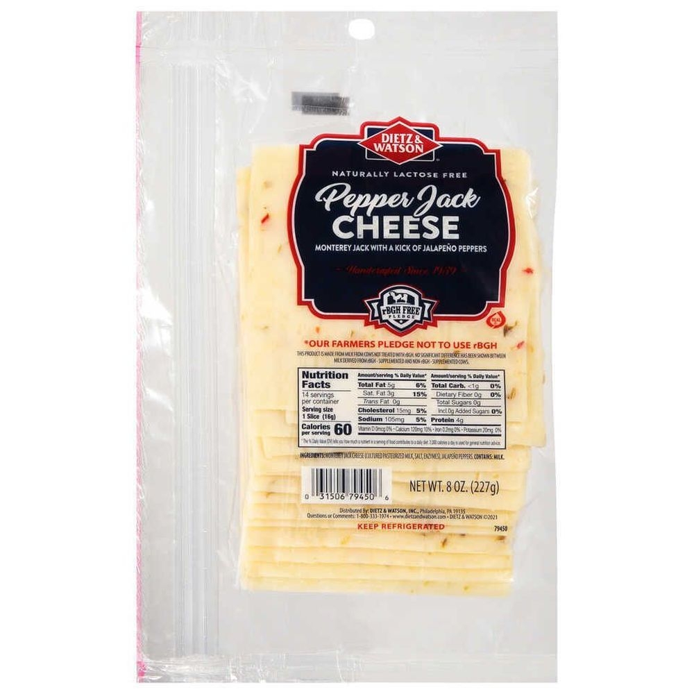 Dietz and Watson Pepper Sliced Monterey Jack Cheese, 8 Ounce -- 12 per case