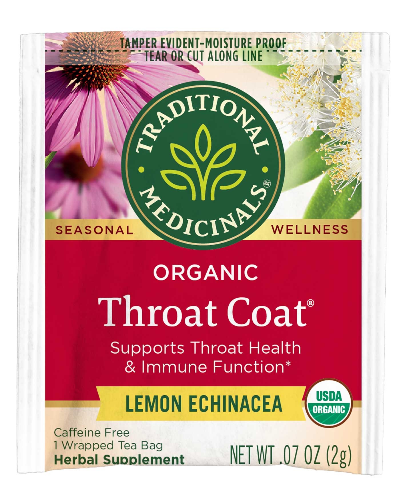 Traditional Medicinals Throat Coat Lemon Echinacea Seasonal Tea, 16 tea bags per pack -- 6 per case