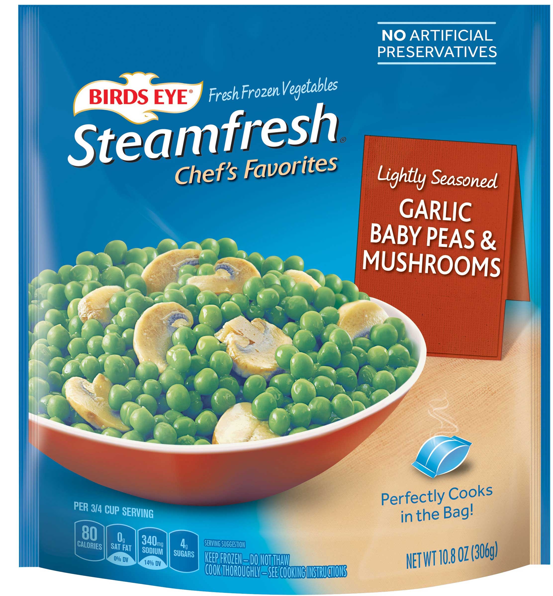 Birds Eye Steamfresh Chefs Favorites Lightly Seasoned Garlic Baby Peas and Mushroom, 10.8 Ounce -- 10 per case.