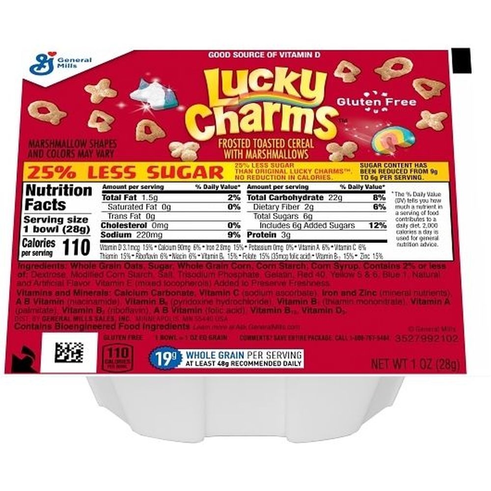 Lucky Charms 25 Percent Less Sugar Frosted Toasted Cereal with Marshmallows, 1 Ounce - 96 per case