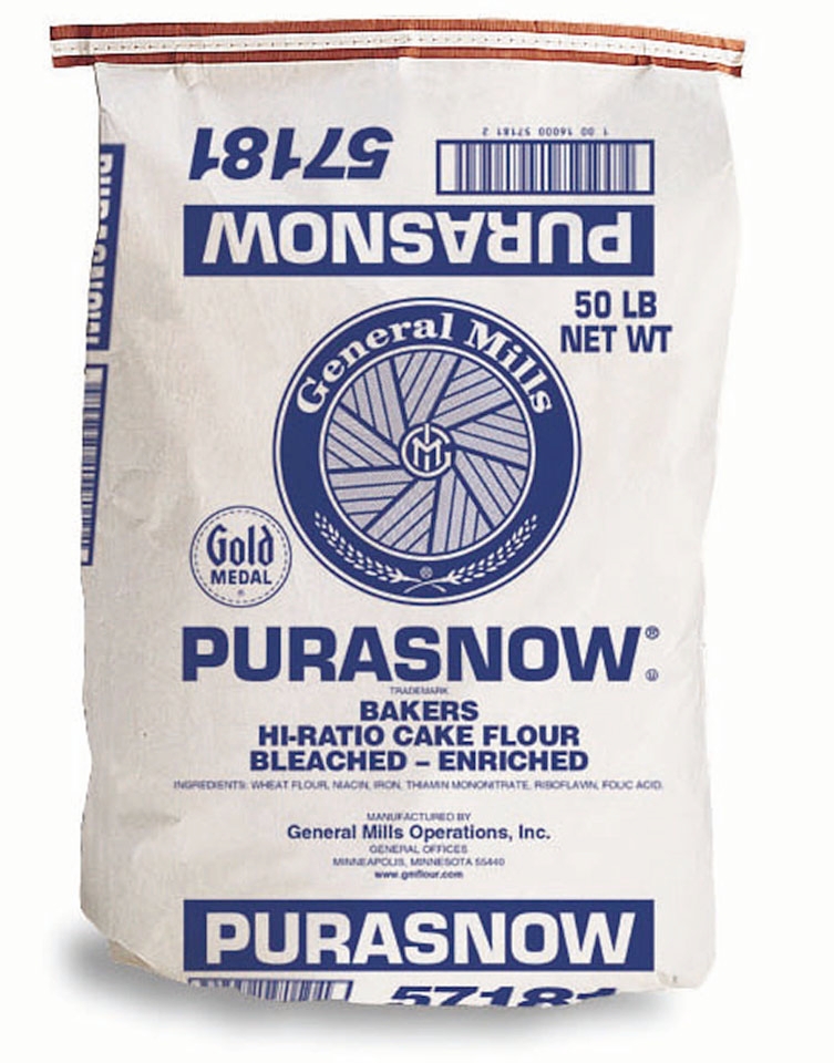 General Mills Purasnow Bleached Enriched Wheat Flour, 50 Pound.