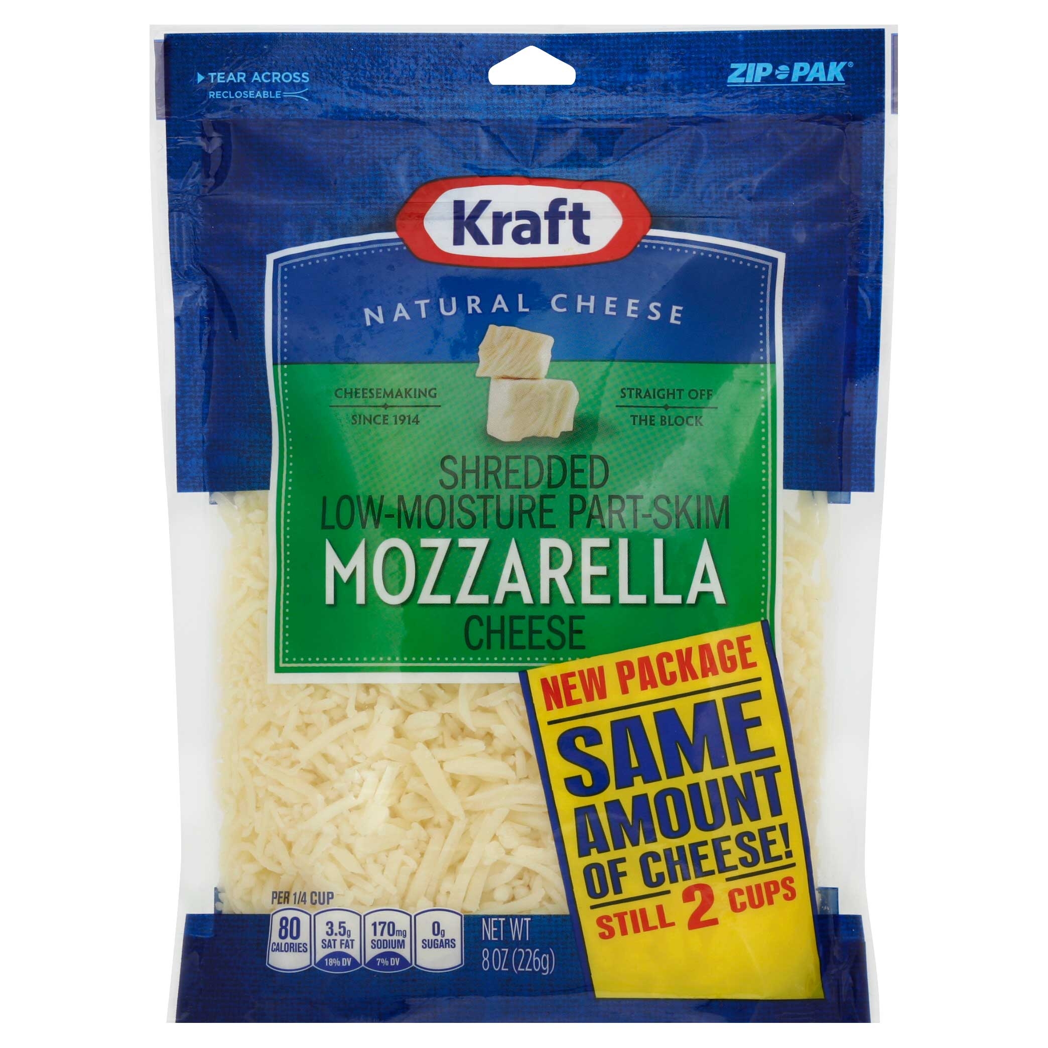 Kraft Zip Pak Shredded Mozzarella Cheese, 8 Ounce -- 12 per case.