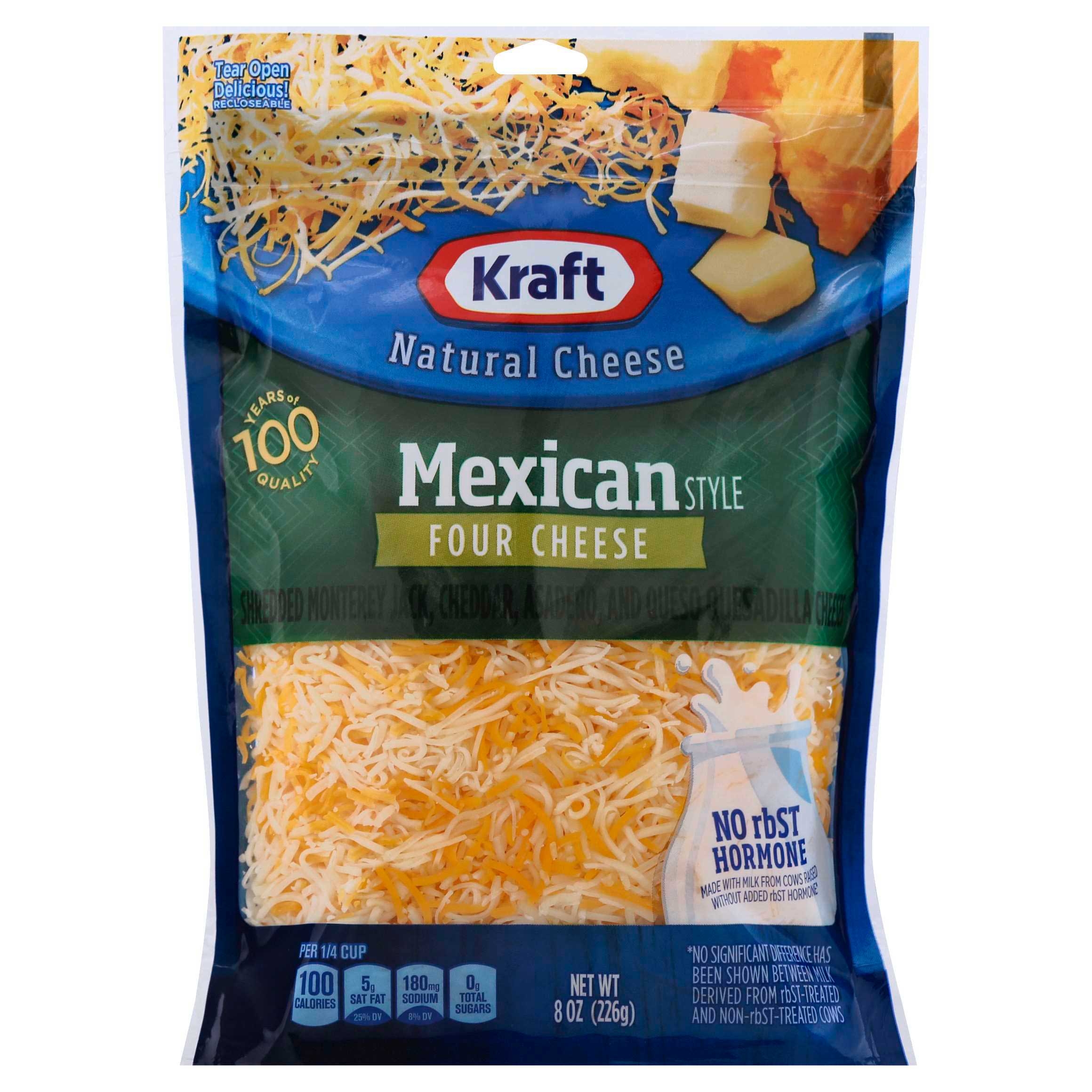 Kraft Finely Shredded Mexican Style Four Cheese, 8 Ounce -- 12 per case.