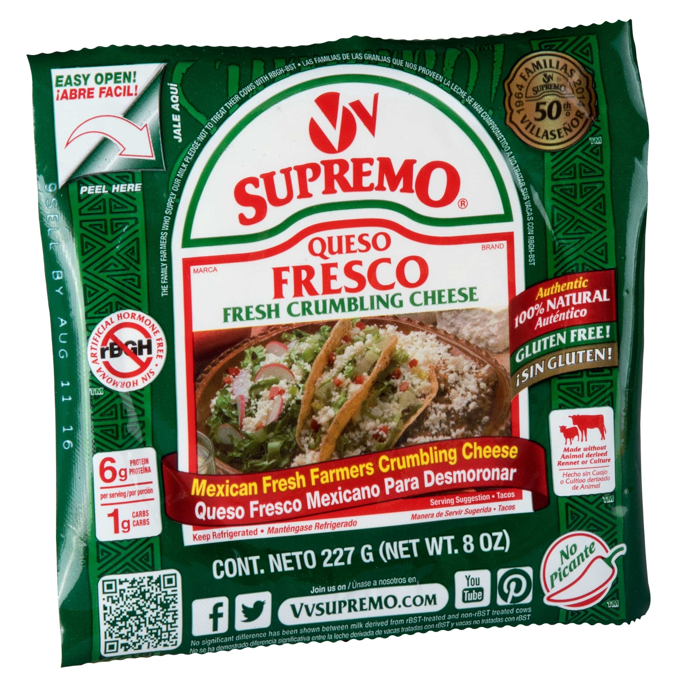 Supremo Queso Fresco Fresh Crumbling Cheese, 8 Ounce -- 12 per case.
