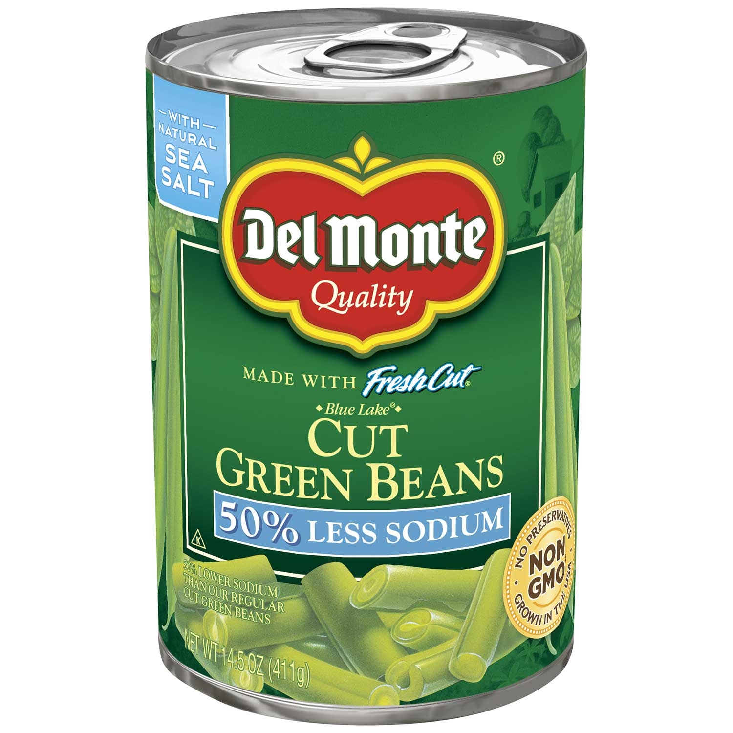 Del Monte Low Sodium Easy Open Cut Green Beans, 14.5 Ounce -- 12 per case.