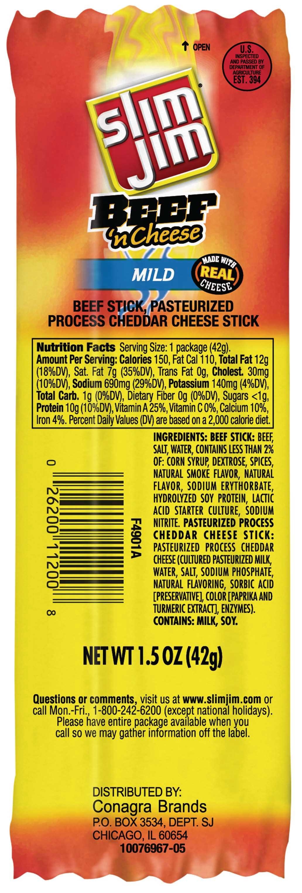 Slim Jim Mild Beef and Cheese Stick, 1.5 Ounce Stick -- 108 per case