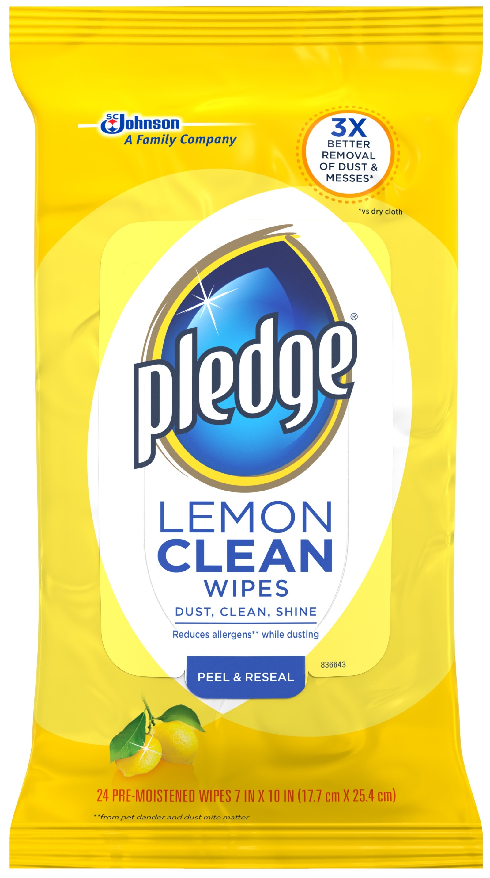 Pledge Lemon Peel and Reseal Clean Wipes, 24 count per pack -- 12 per case.
