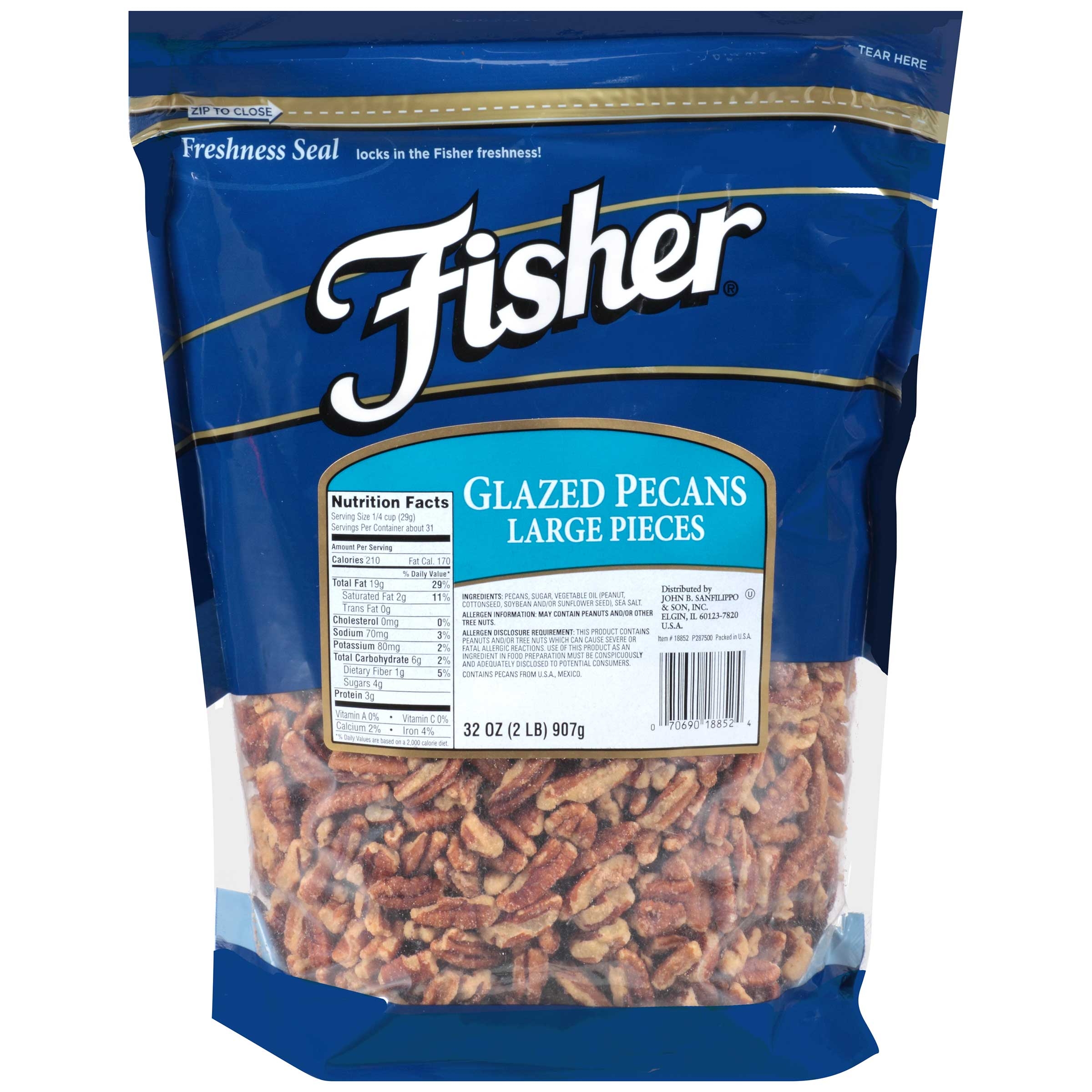 Fisher Large Glazed Pecan Pieces, 32 Ounce -- 3 per case.