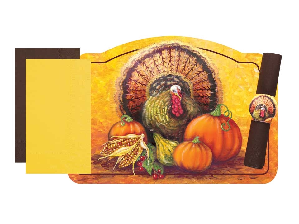 Hoffmaster Paper Turkey Traditional Placemat and Cordinting Dinner Napkin Kit - Combo Pack -- 750 per case.