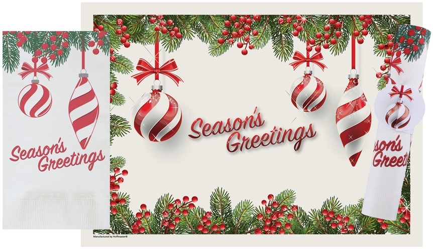 Hoffmaster Paper Holiday Ornaments Placemat and Corditing Dinner Napkin Kit - Combo Pack -- 750 per case.