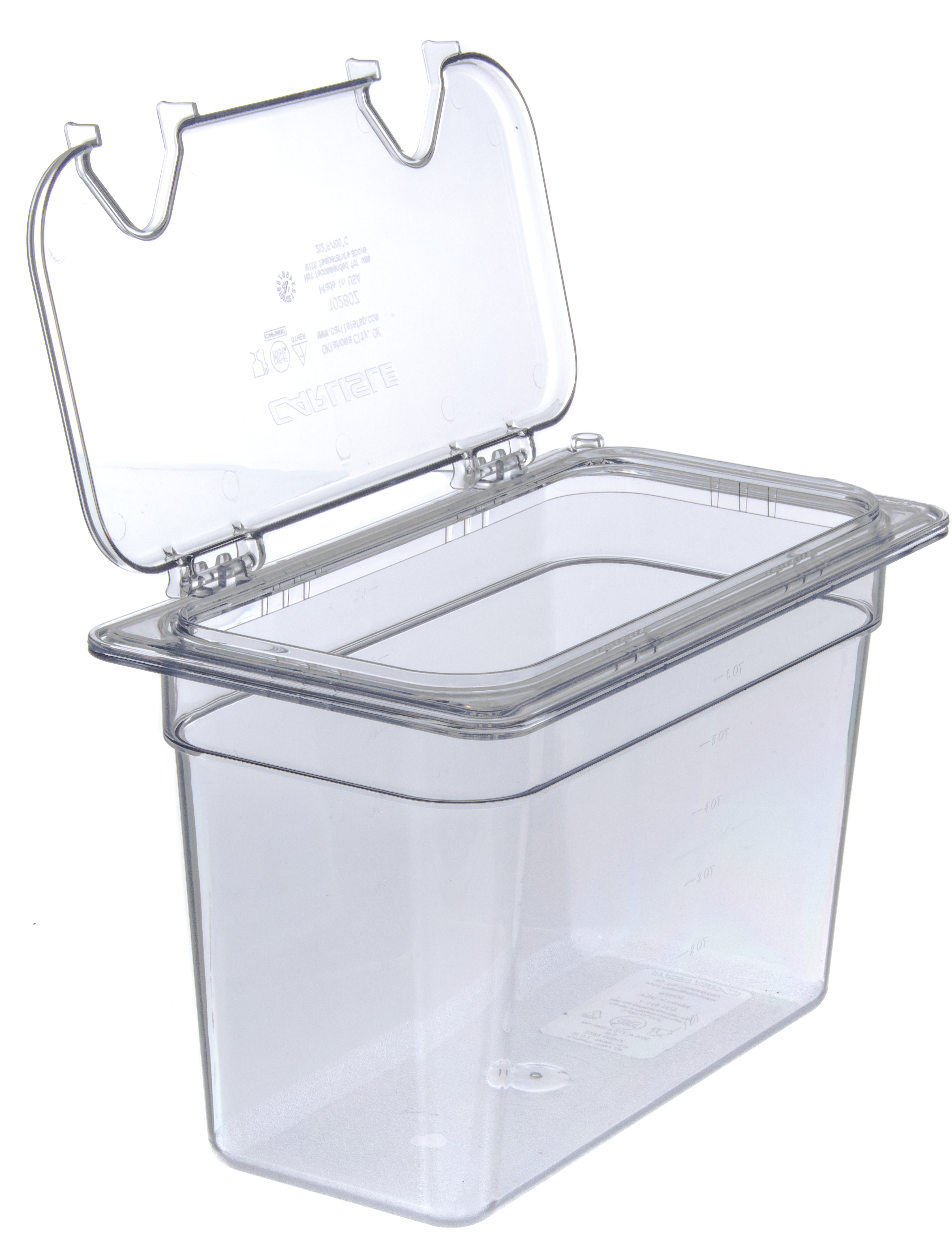 Carlisle StorPlus Clear 1/3 Size Easy Access Hinged Lid Food Storage Container with Two Notches -- 6 per case