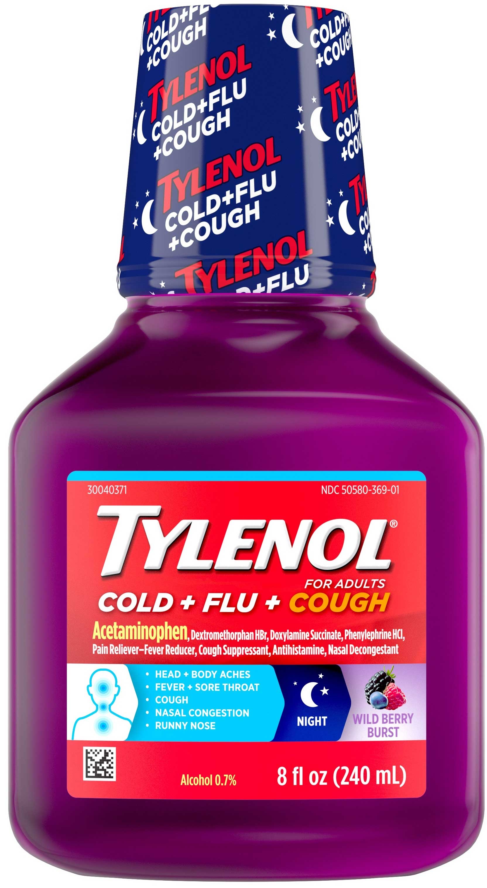Tylenol Cold Flu Wildberry Cough Syrup, 8 Fluid Ounce Bottle -- 24 per case