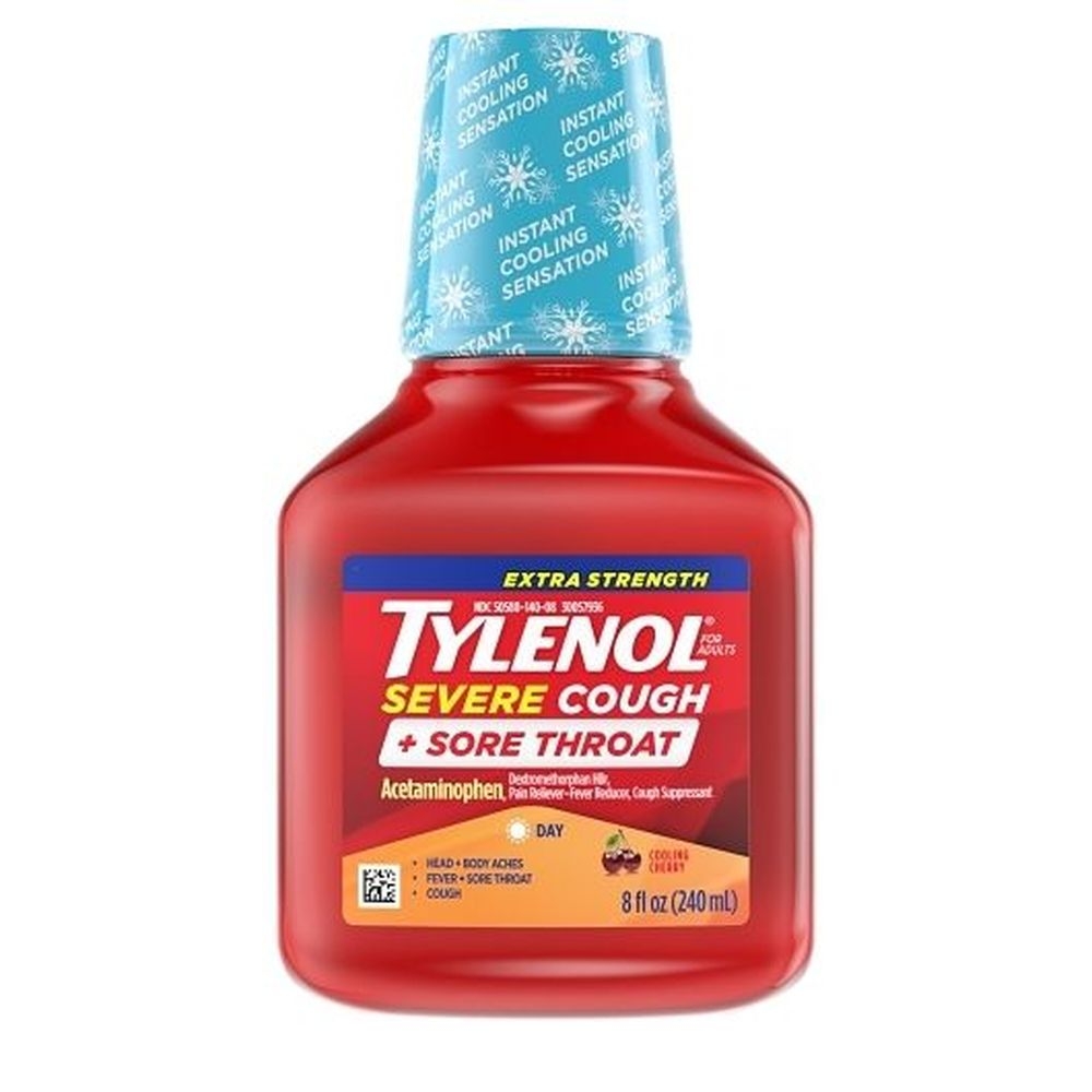 Tylenol Cherry Flavor Severe Cough and Sore Throat Liquid, 8 Fluid Ounce -- 24 per case
