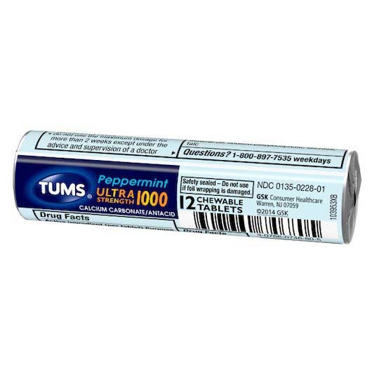 Tums Ultra Strength 1000 Peppermint Chewable Tablet - 12 count per pack -- 288 packs per case
