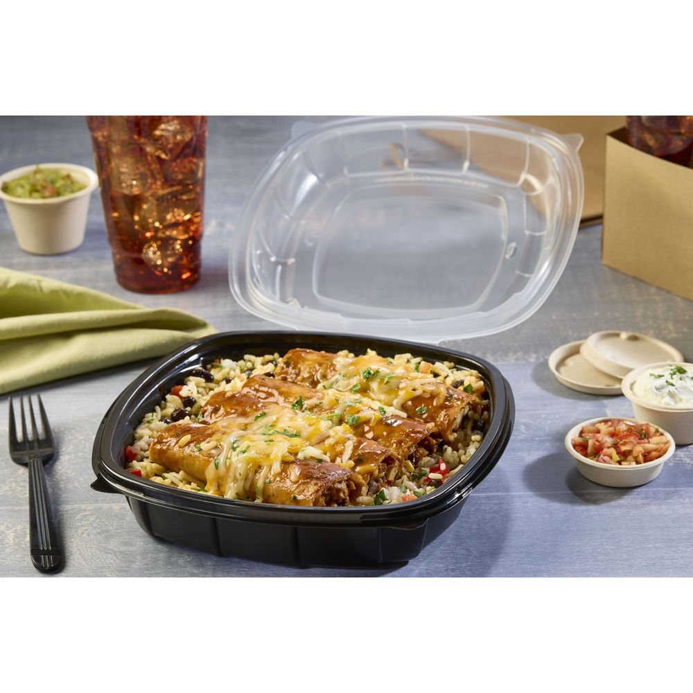 Sabert Black Square Base with Clear Lid Hinged Container, 50.7 Ounce Capacity -- 112 per case.