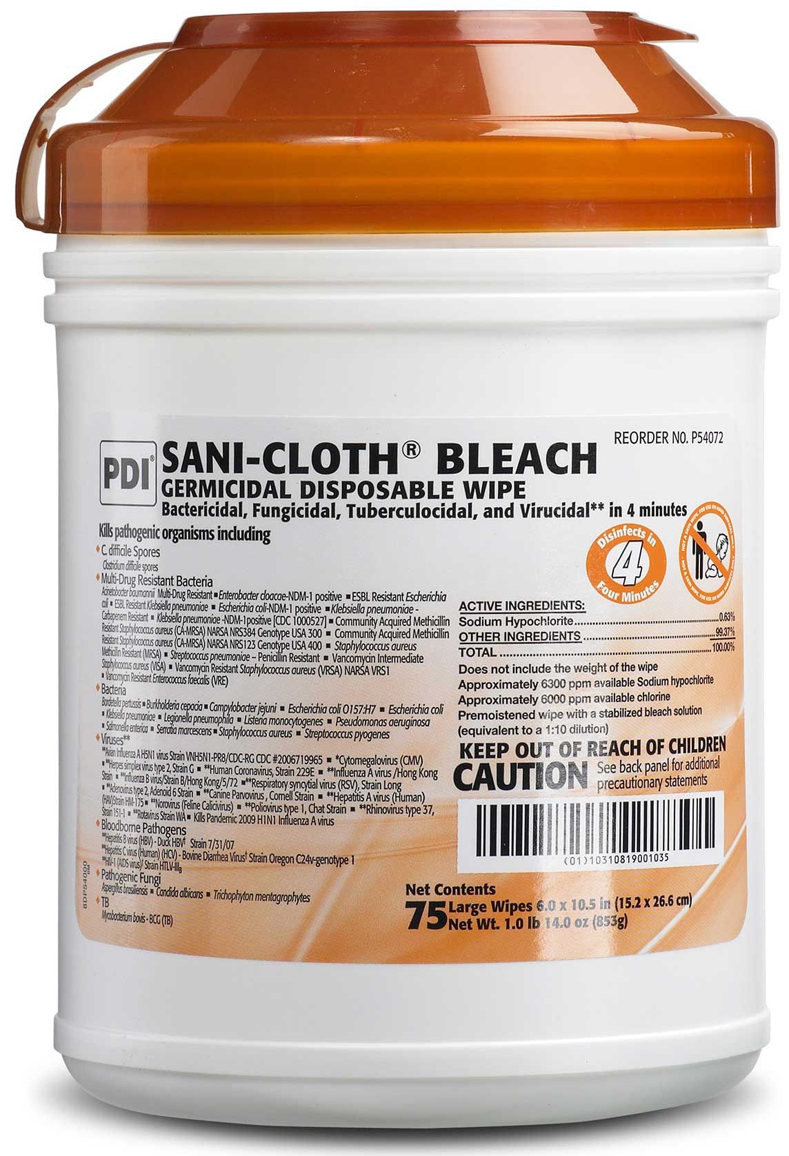 Sani Professional Sani Cloth Bleach Germicidal Disposable Wipe - Large Canister, 75 count per pack -- 12 per case.