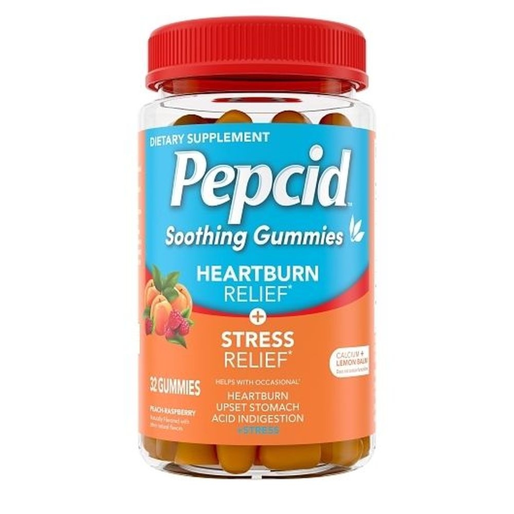 Pepcid Peach-Raspberry Antacid Heartburn Plus Stress Relief Soothing Gummies, 32 count -- 12 per case