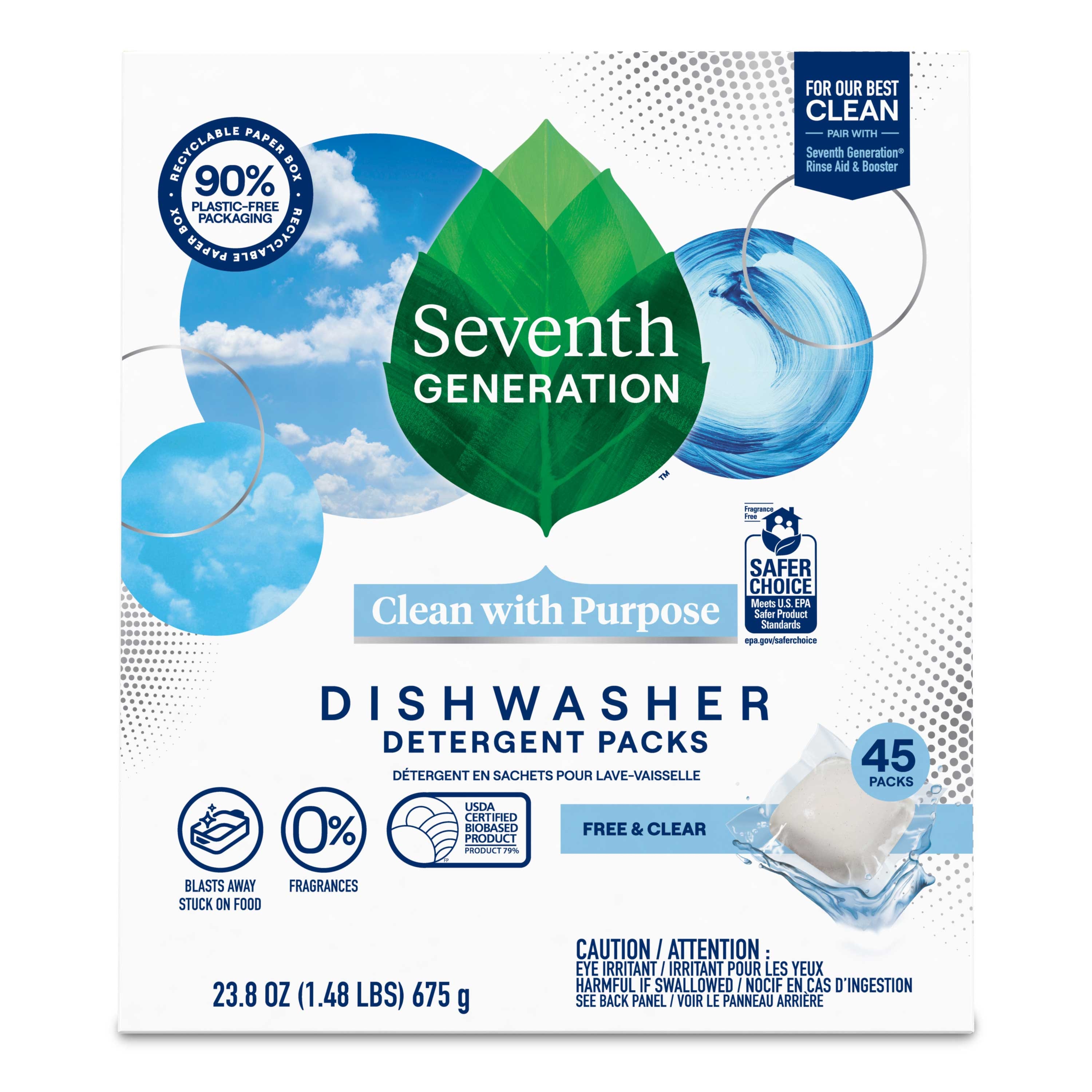 Seventh Generation Free and Clear Dishwasher Detergent Packs, 45 count -- 5 per case