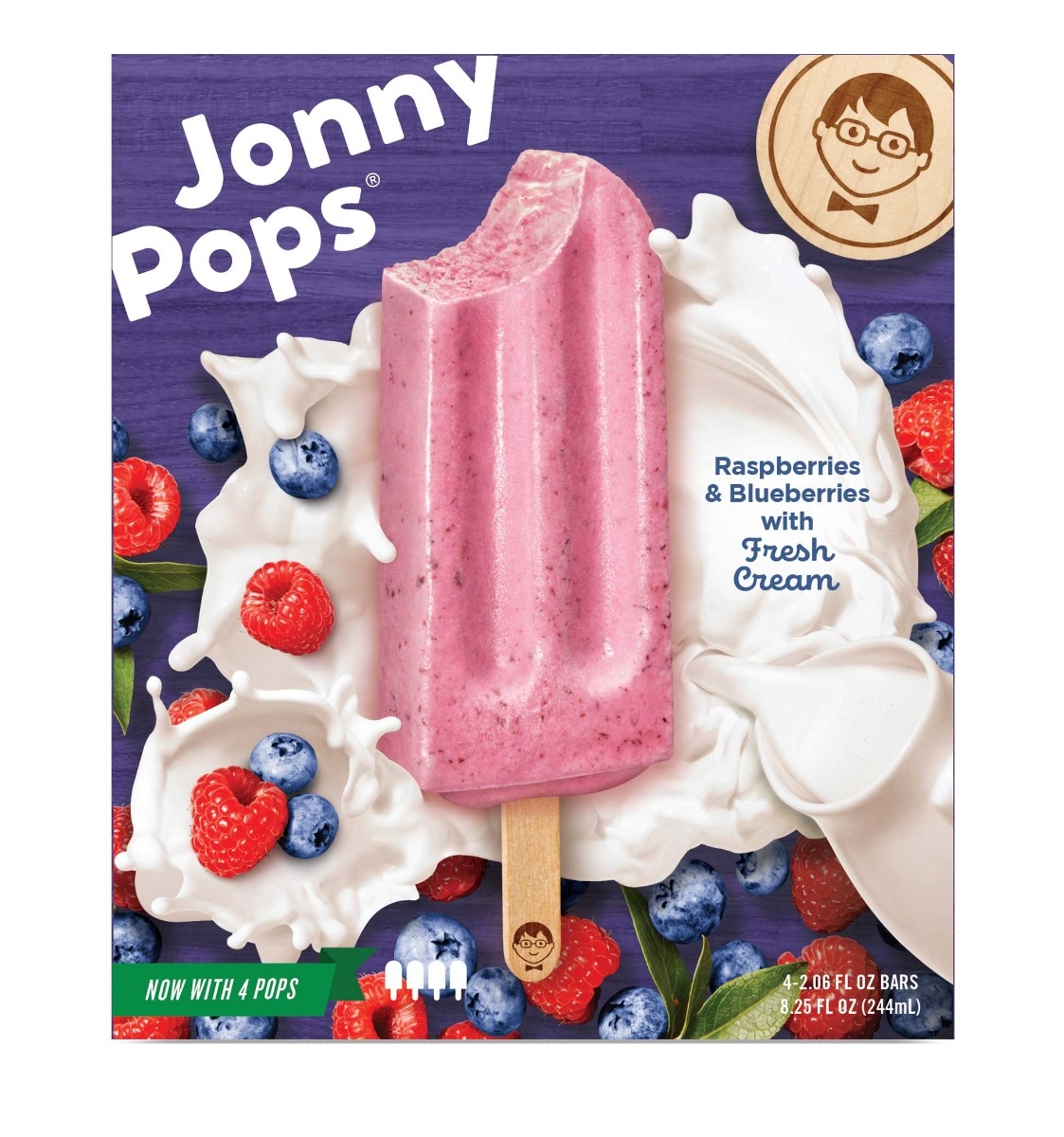 JonnyPops Raspberries Blueberries and Cream Smoothie Pops, 2.06 Fluid Ounce - 4 count per pack -- 6 packs per case