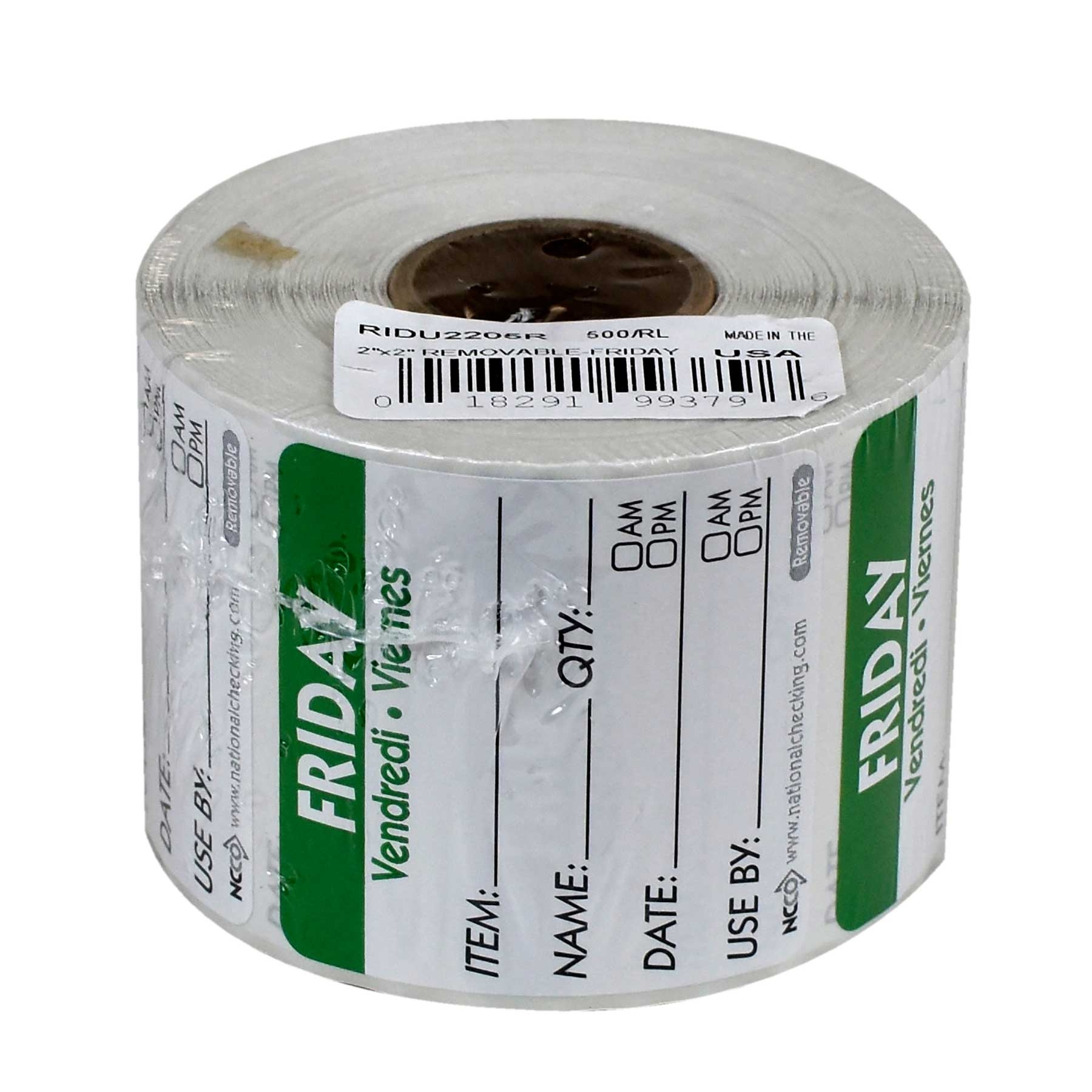 National Checking Friday Item Date Use By Removable Trilingual Label, 2 x 2 inch 500 labels per roll -- 18 rolls per case.